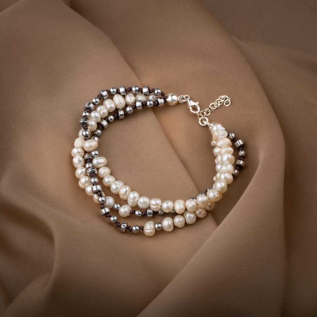 İnci-Hematit Doğal Taş Gümüş Tasarım Bileklik