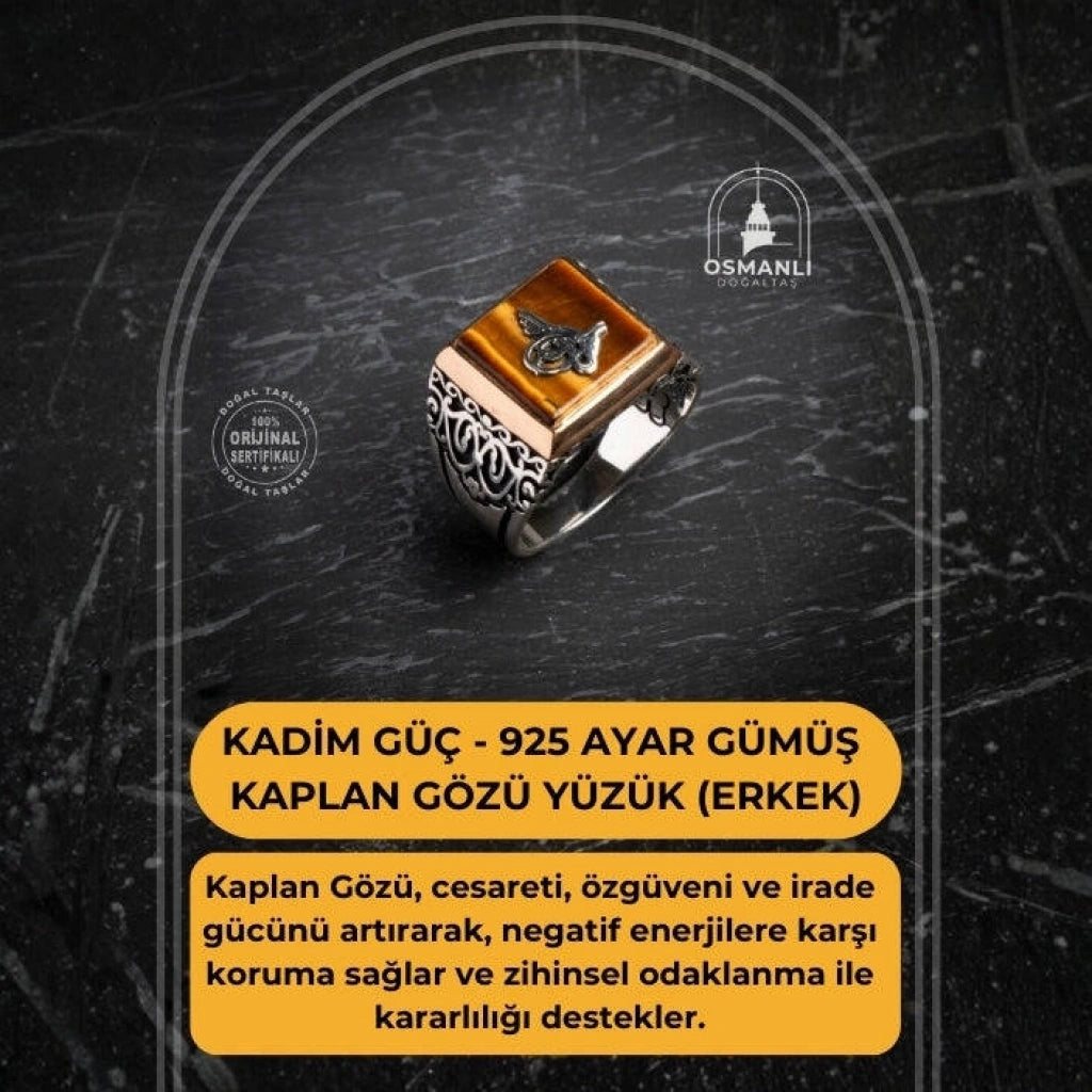 Kadim Güç - Sertifikalı 925 Ayar Gümüş Kaplan Gözü Yüzük (Erkek)