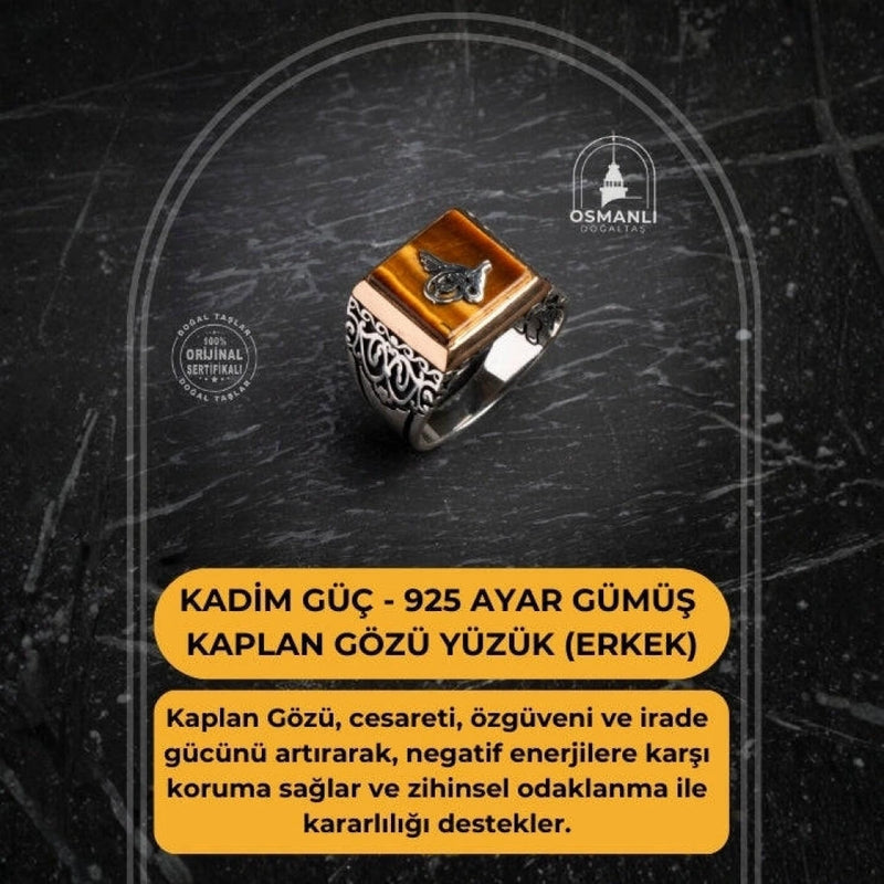 Kadim Güç - Sertifikalı 925 Ayar Gümüş Kaplan Gözü Yüzük (Erkek)