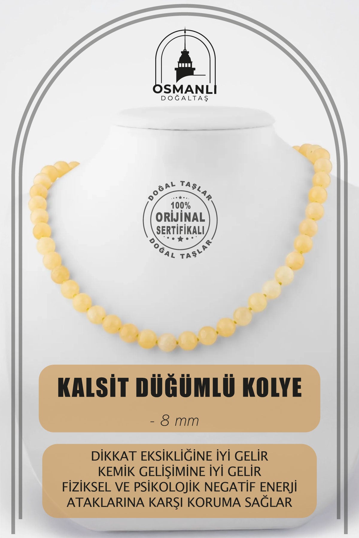 Kalsit 8 mm Düğümlü Doğal Taş Kolye