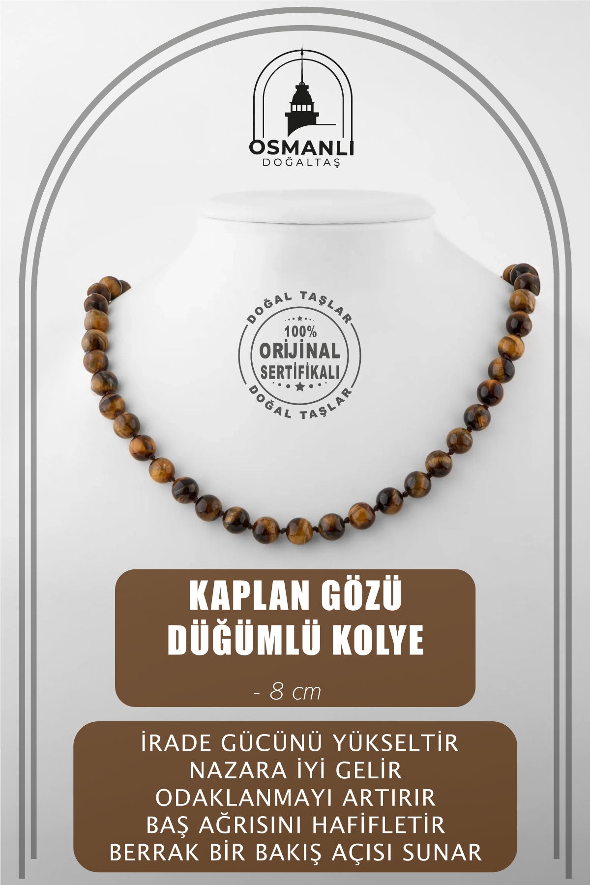 Kaplan Gözü 8 mm Düğümlü Doğal Taş Kolye