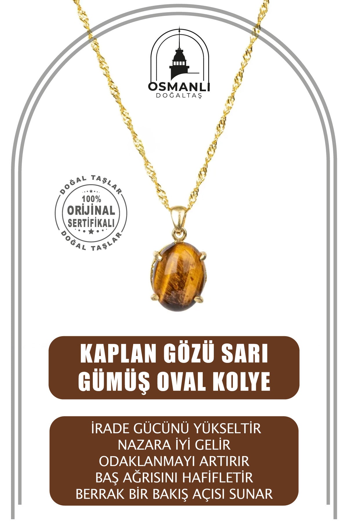 Kaplan Gözü Doğal Taş Sarı Gümüş Oval Kolye