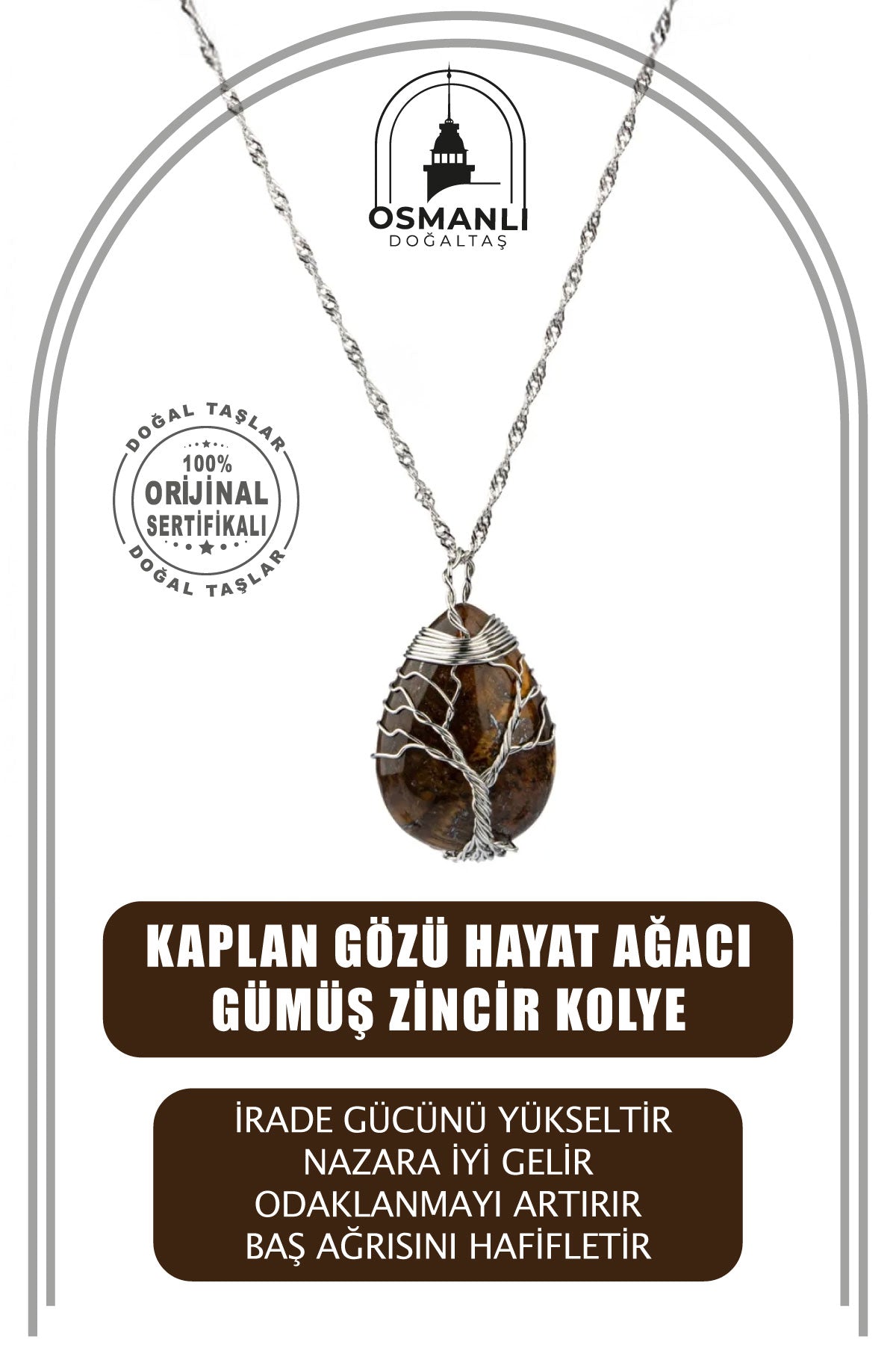 Kaplan Gözü Hayat Ağacı Doğal Taş Gümüş Zincir Kolye