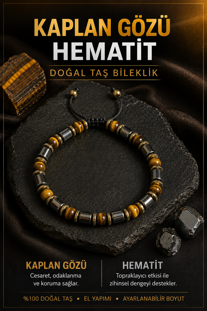 KAPLAN GÖZÜ & HEMATİT DOĞAL TAŞ BİLEKLİK