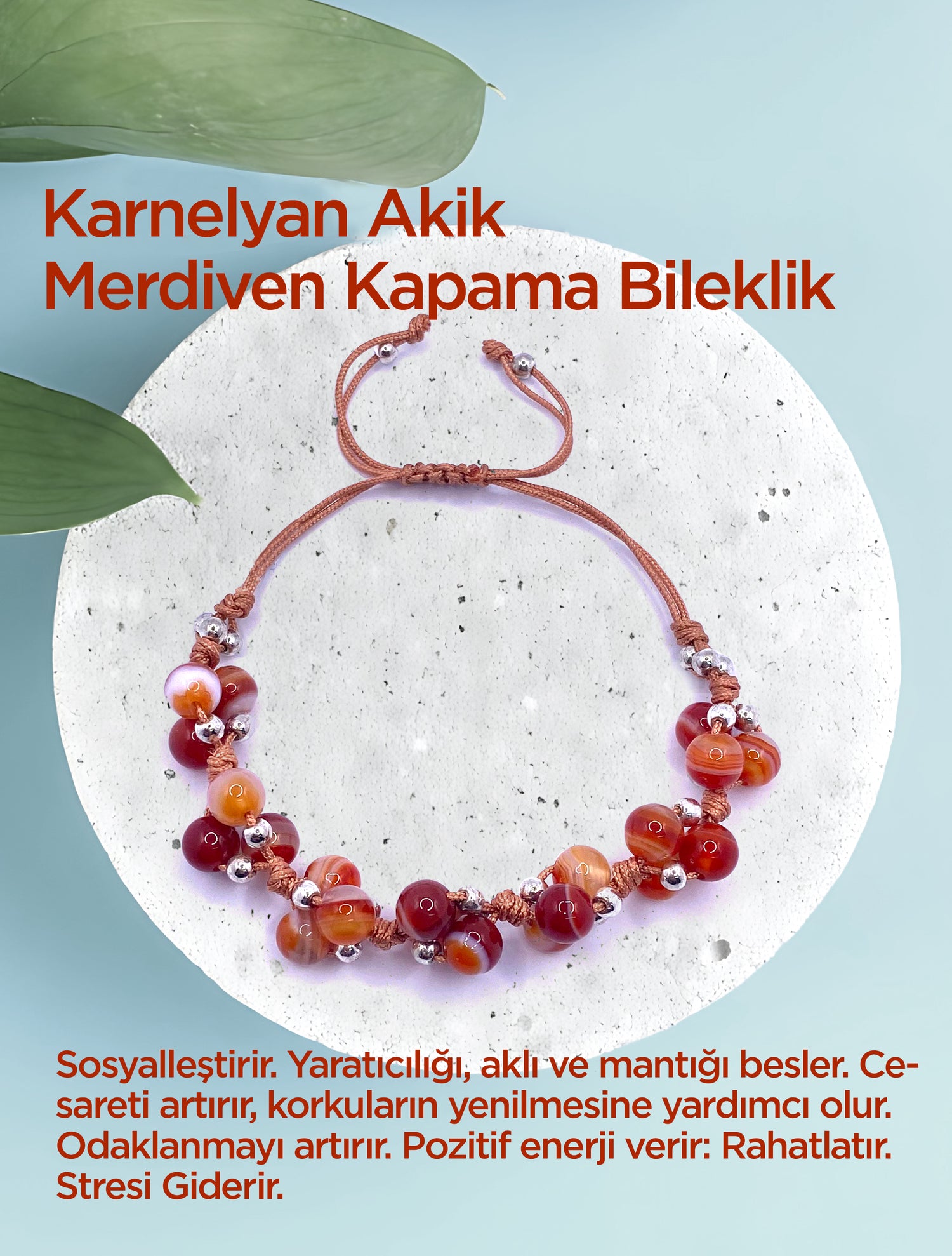 Karnelyan Akik Doğal Taş Merdiven Kapama Ayarlanabilir Bileklik 