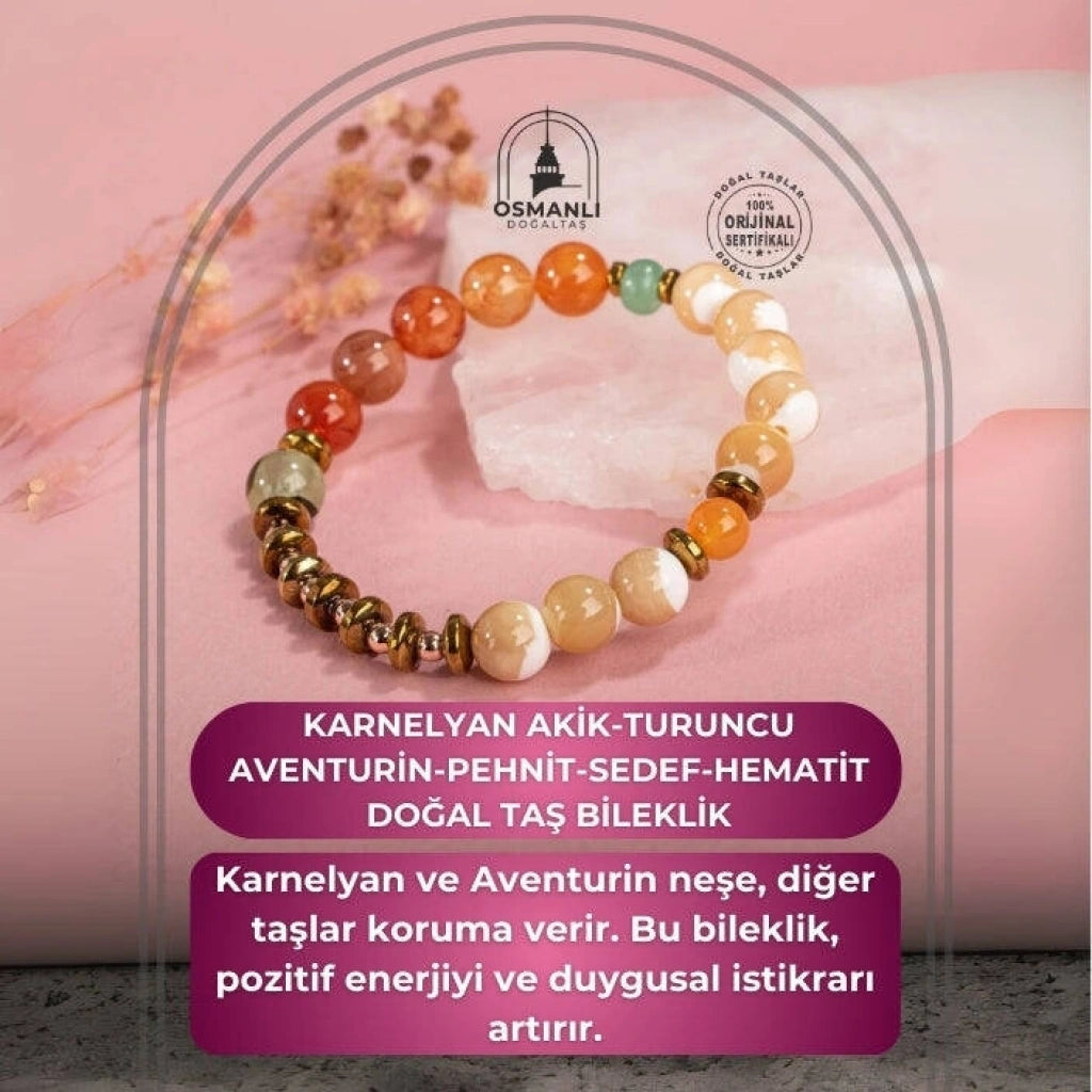 Karnelyan Akik-Turuncu Aventurin-Pehnit-Sedef-Hematit Doğal Taş Bileklik
