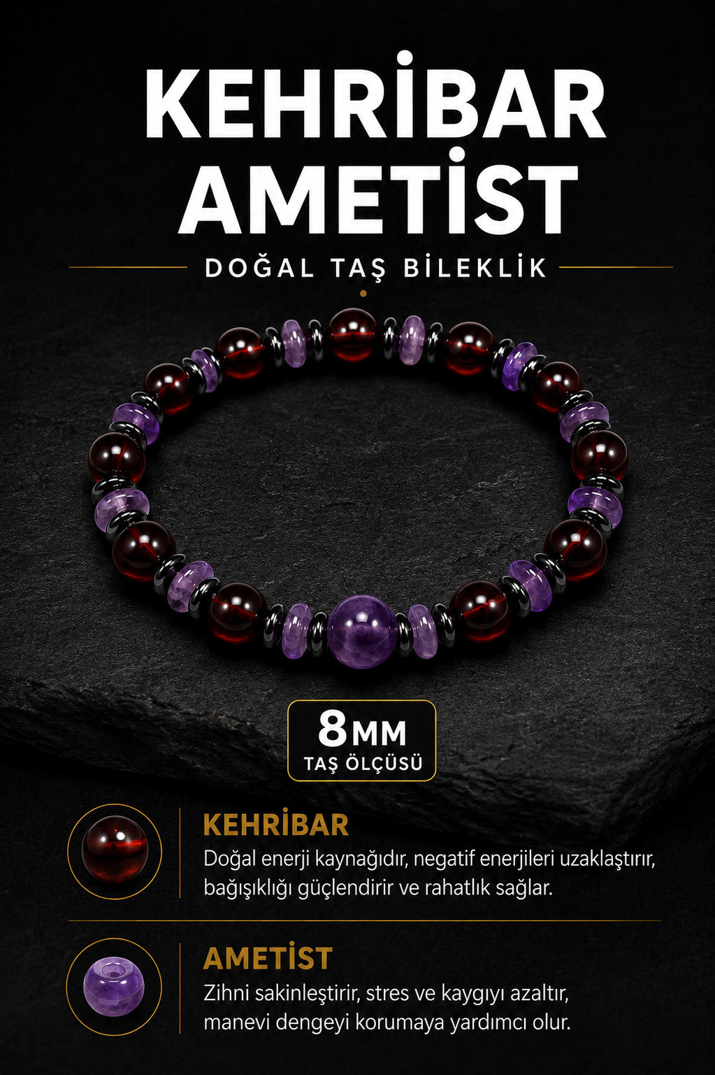 Kehribar Ametist Doğal Taş Bileklik 8 mm | Osmanlı Doğal Taş