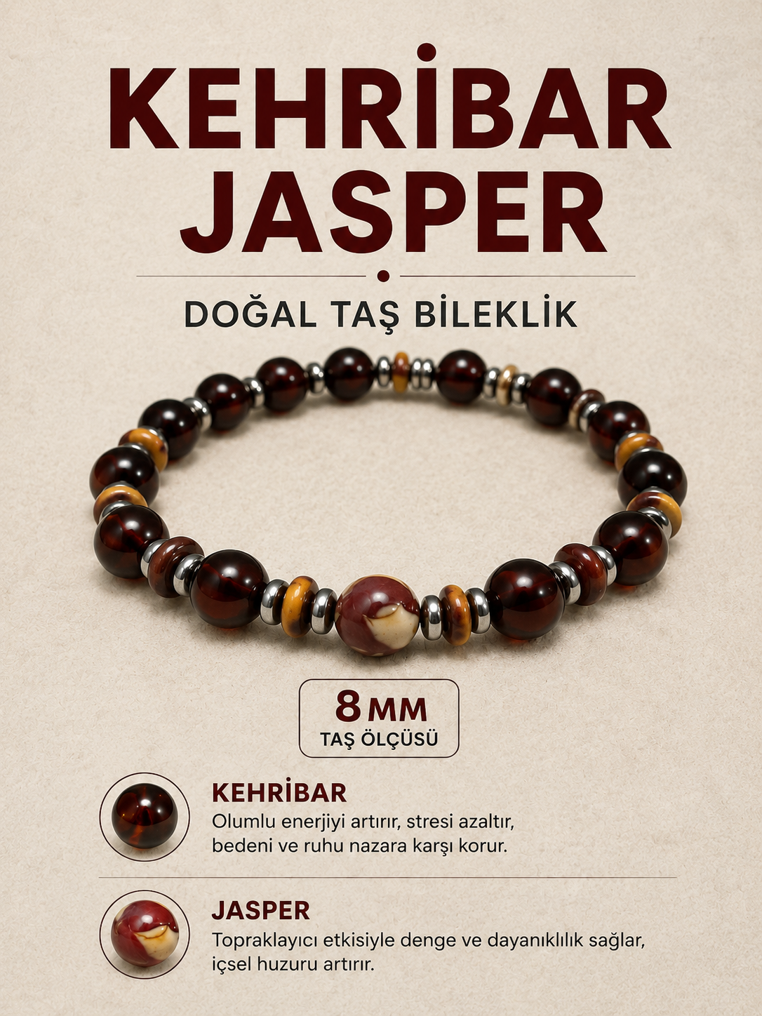 Kehribar Jasper Doğal Taş Bileklik 8 mm | Osmanlı Doğal Taş