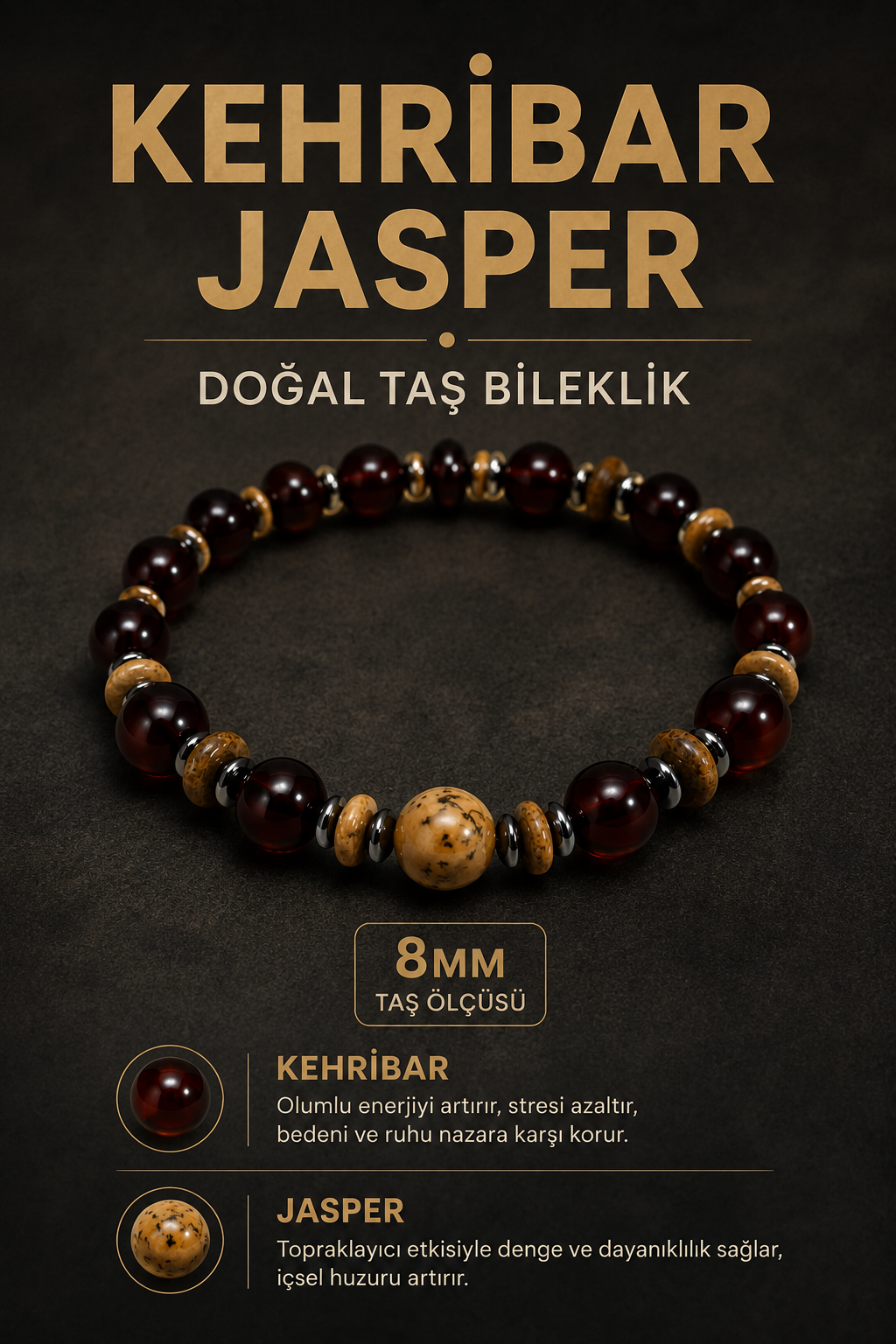Kehribar Jasper Doğal Taş Bileklik 8 mm | Osmanlı Doğal Taş