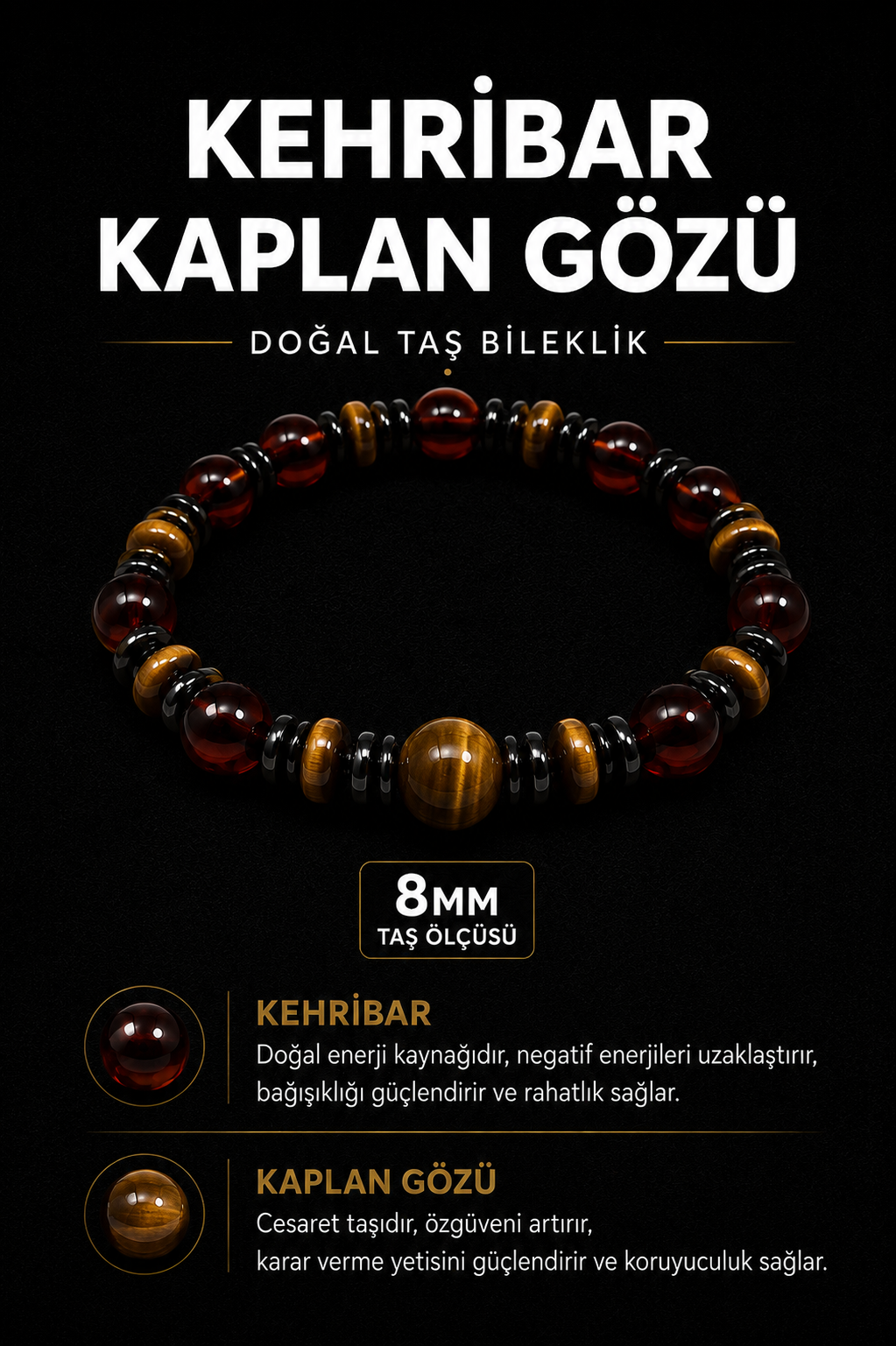 Kehribar Kaplan Gözü Doğal Taş Bileklik 8 mm | Osmanlı Doğal Taş