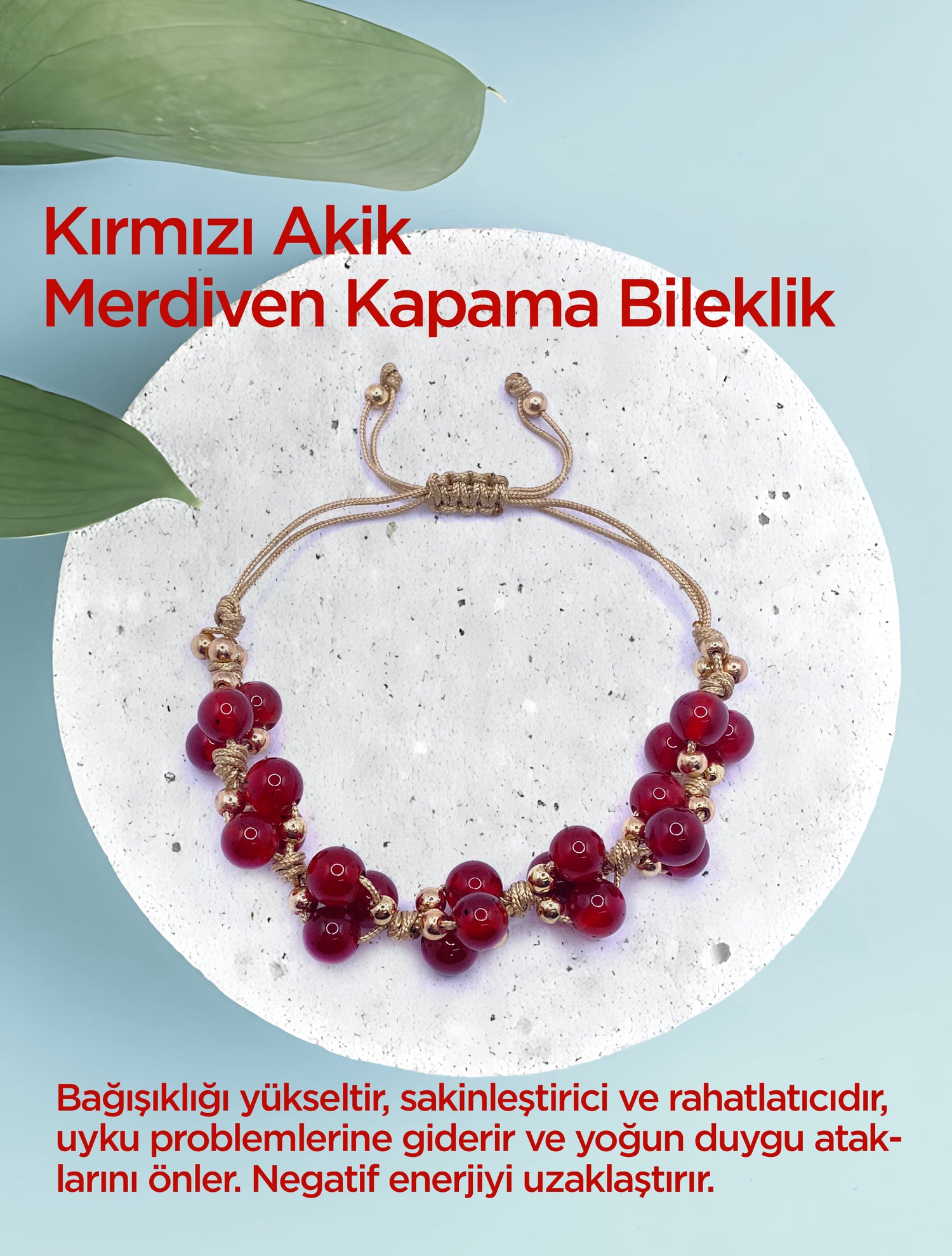 Kırmızı Akik Doğal Taş Merdiven Kapama Ayarlanabilir Bileklik 