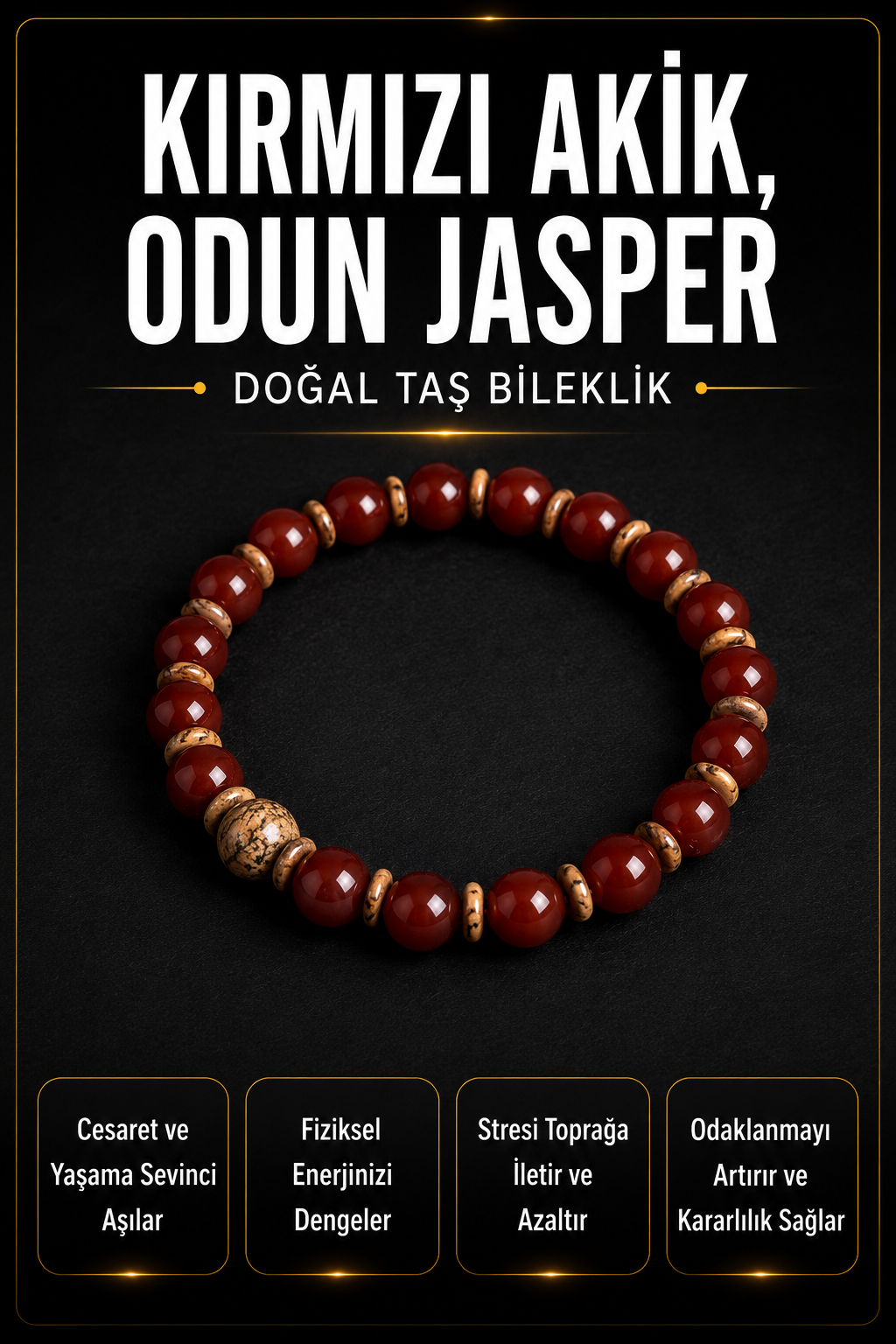 Sertifikalı Kırmızı Akik, Odun Jasper Doğal Taş Bileklik (SK:171)
