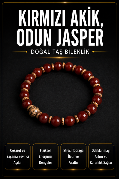 Sertifikalı Kırmızı Akik, Odun Jasper Doğal Taş Bileklik (SK:171)
