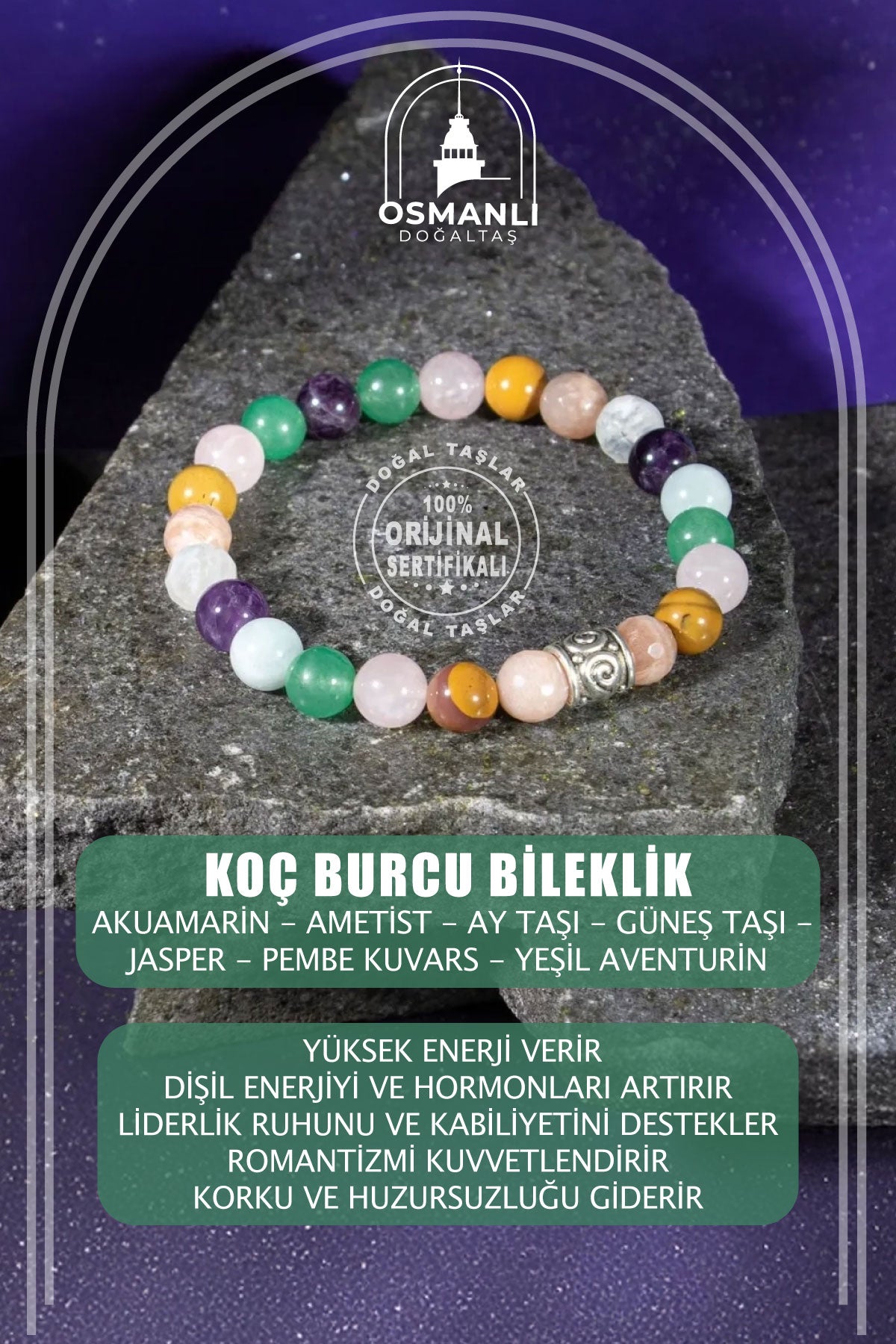 Koç Burcu Bileklik Akuamarin, Ametist, Ay Taşı, Güneş Taşı, Jasper, Pembe Kuvars, Yeşil Aventurin