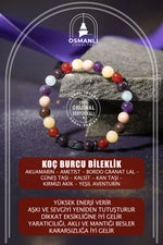 Koç Burcu Bileklik Akuamarin, Ametist, Bordo Granat Lal, Güneş Taşı, Kalsit, Kan Taşı, Kırmızı Akik, Yeşil Aventurin