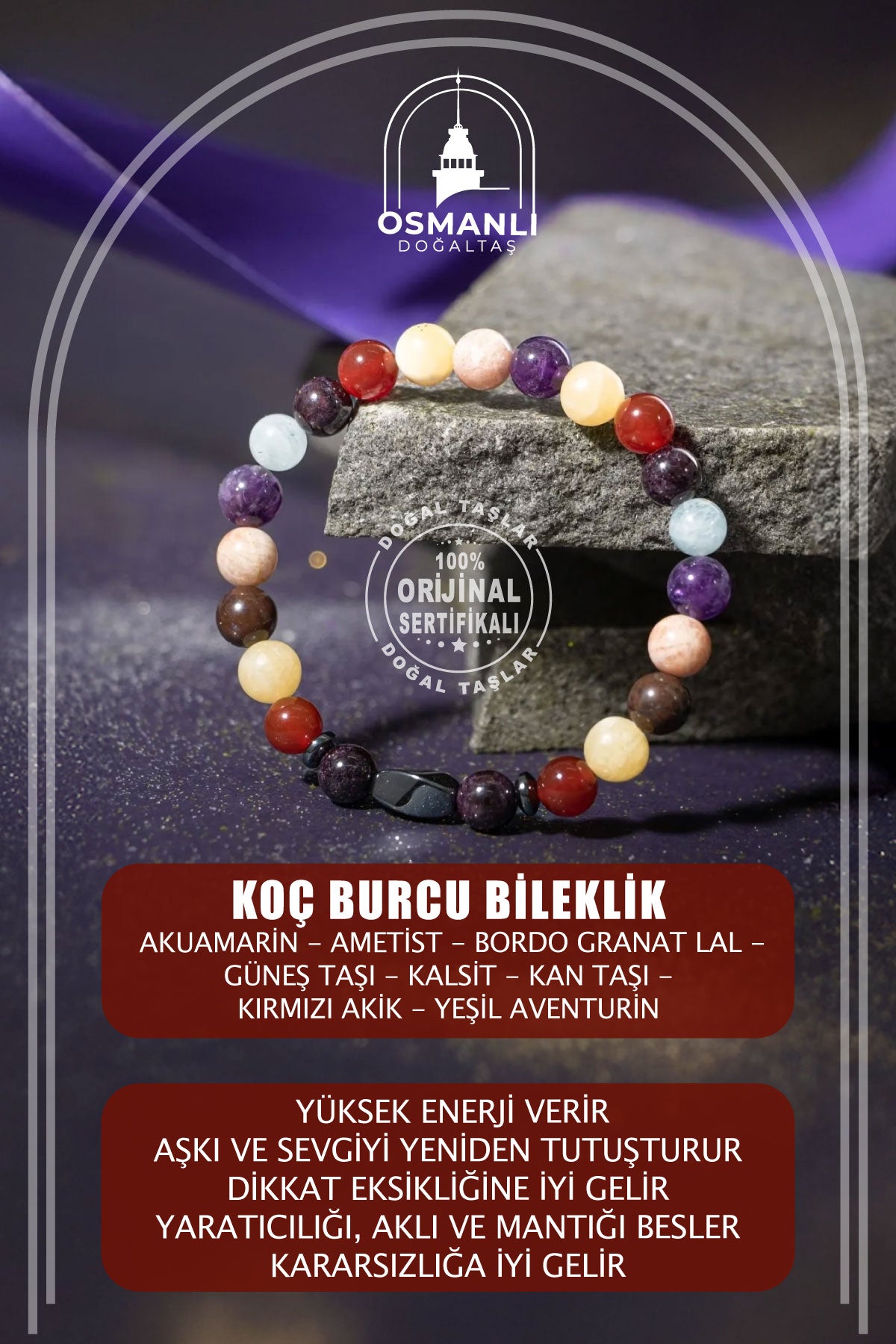 Koç Burcu Bileklik Akuamarin, Ametist, Bordo Granat Lal, Güneş Taşı, Kalsit, Kan Taşı, Kırmızı Akik, Yeşil Aventurin