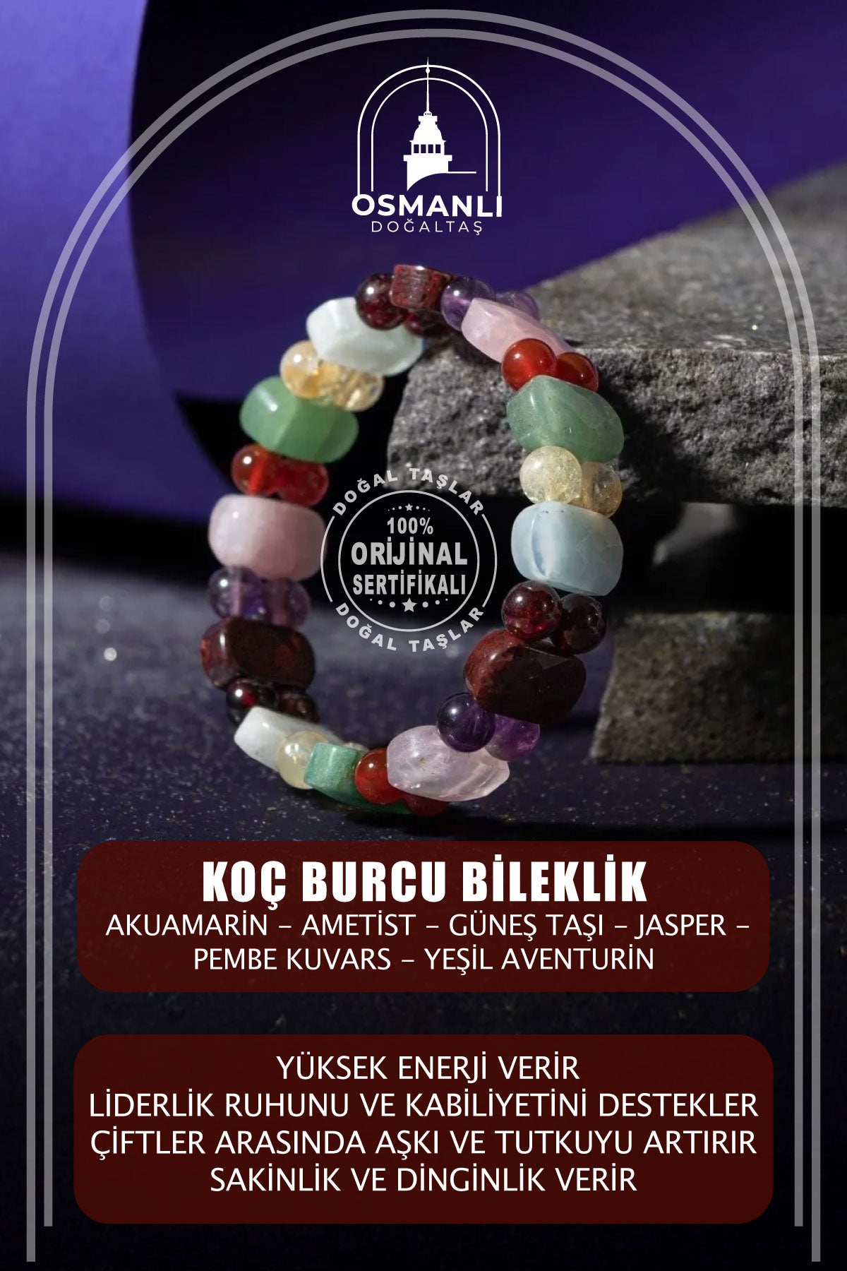 Koç Burcu Bileklik Akuamarin, Ametist, Bordo Granat Lal, Jasper, Kırmızı Akik, Pembe Kuvars, Sitrin, Yeşil Aventurin