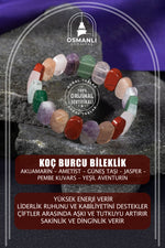 Koç Burcu Bileklik Akuamarin, Ametist, Güneş Taşı, Jasper, Pembe Kuvars, Yeşil Aventurin