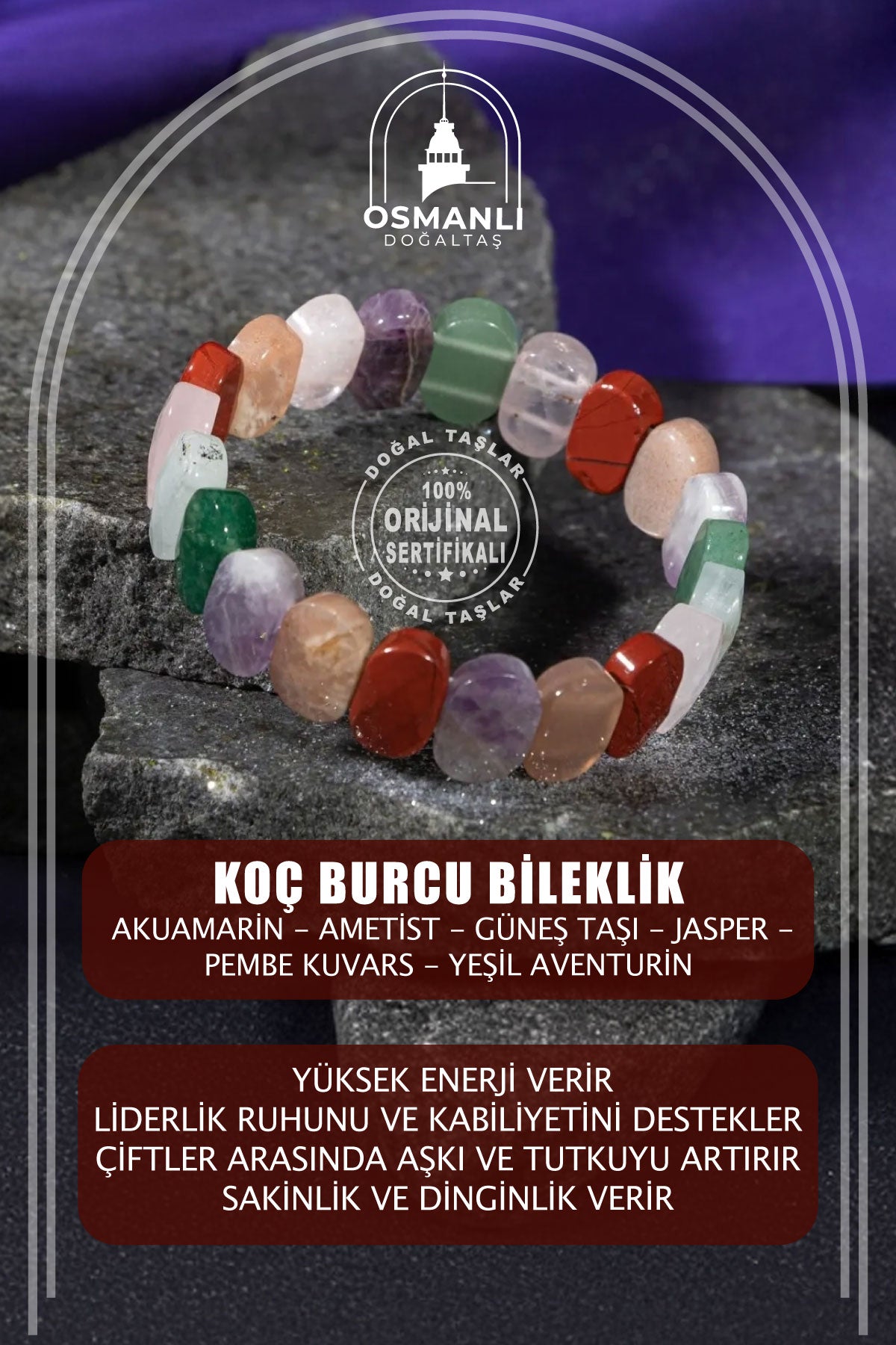 Koç Burcu Bileklik Akuamarin, Ametist, Güneş Taşı, Jasper, Pembe Kuvars, Yeşil Aventurin
