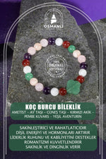 Koç Burcu Bileklik Ametist, Ay Taşı, Güneş Taşı, Kırmızı Akik, Pembe Kuvars, Yeşil Aventurin
