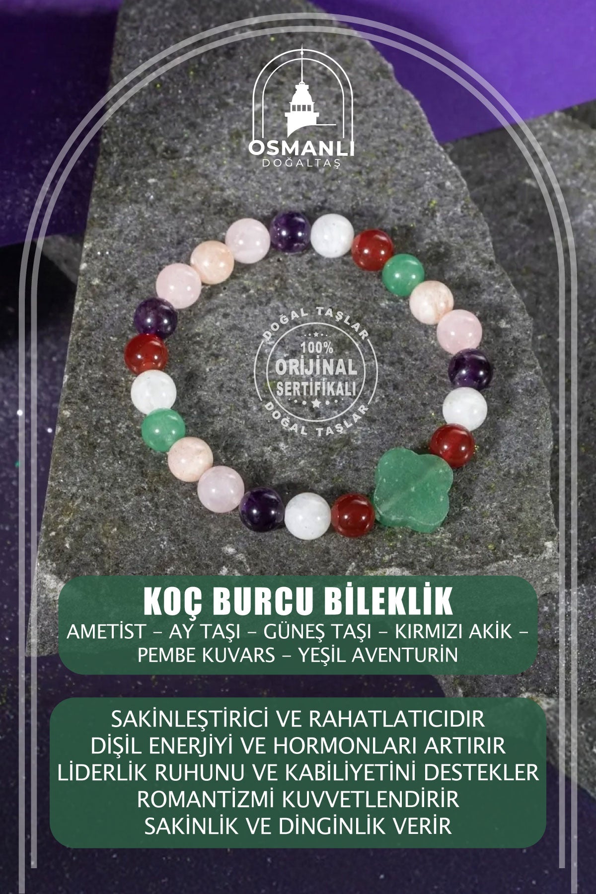 Koç Burcu Bileklik Ametist, Ay Taşı, Güneş Taşı, Kırmızı Akik, Pembe Kuvars, Yeşil Aventurin