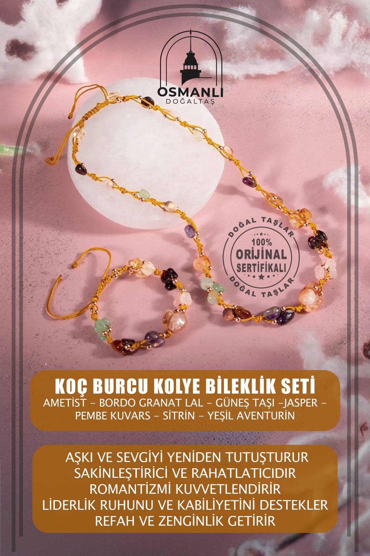 Koç Burcu Kolye Bileklik Seti Ametist, Bordo Granat Lal, Güneş Taşı, Jasper, Pembe Kuvars, Sitrin, Yeşil Aventurin