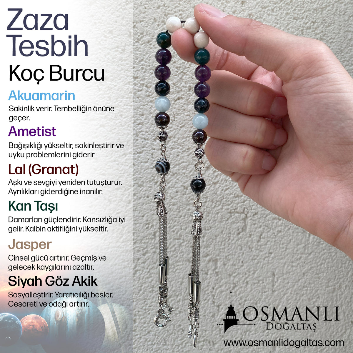 Koç Burcu Zaza Tesbih Doğal Taş Akuamarin, Ametist, Bordo Granat Lal, Kan Taşı, Sarı Jasper, Siyah Göz Akik