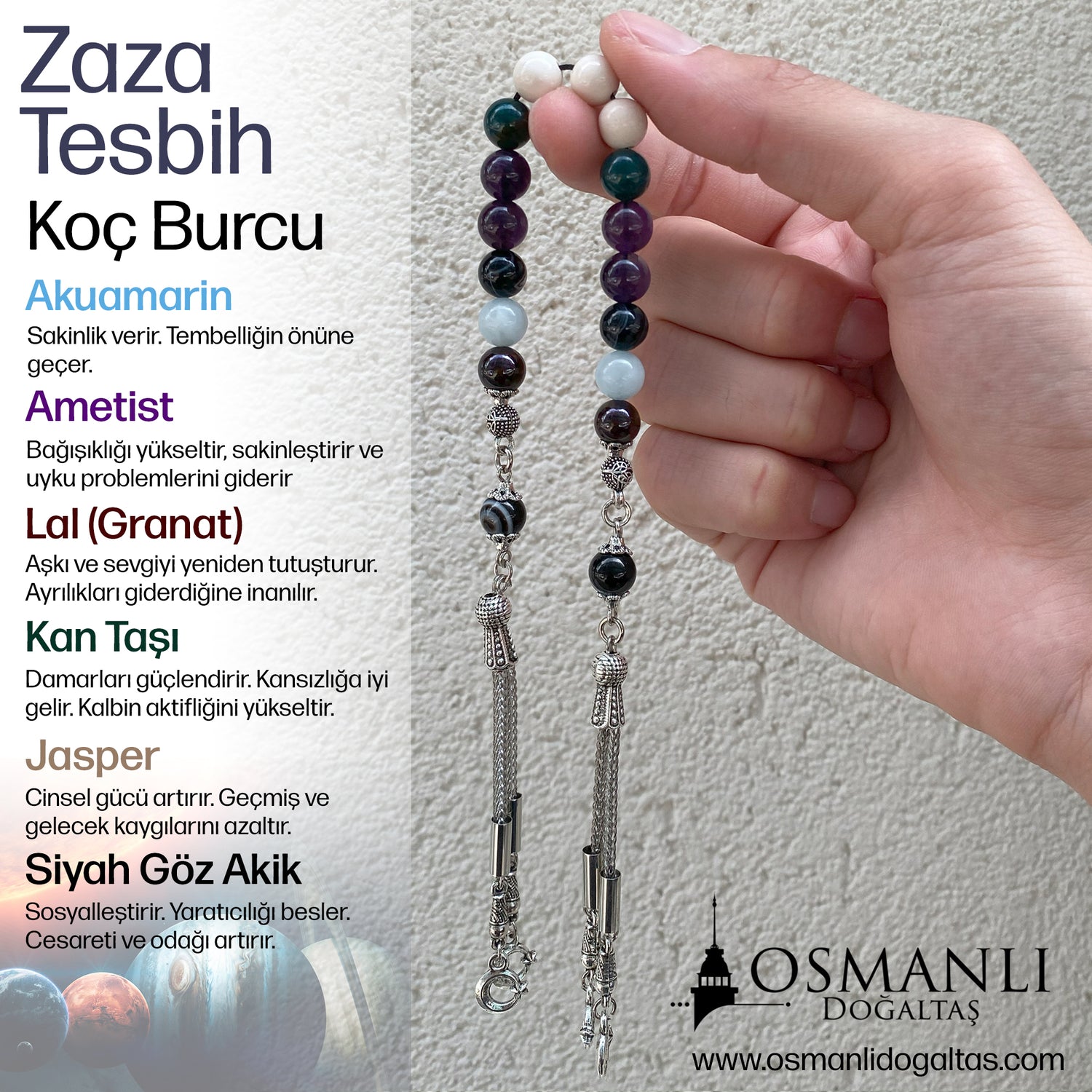 Koç Burcu Zaza Tesbih Doğal Taş Akuamarin, Ametist, Bordo Granat Lal, Kan Taşı, Sarı Jasper, Siyah Göz Akik