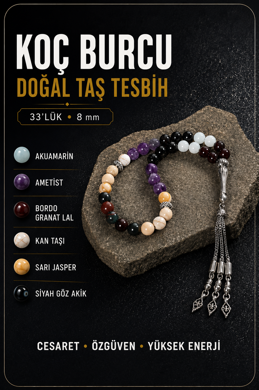 Koç Burcu Tesbih Akuamarin, Ametist, Bordo Granat Lal, Kan Taşı, Sarı Jasper, Siyah Göz Akik