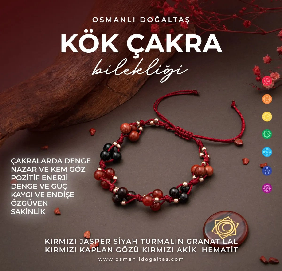 Kök Çakra Doğal Taş Bileklik - Kırmızı Jasper - Lal - Kırmızı Kaplan Gözü - Kırmızı Akik - Siyah Turmalin - Hematit