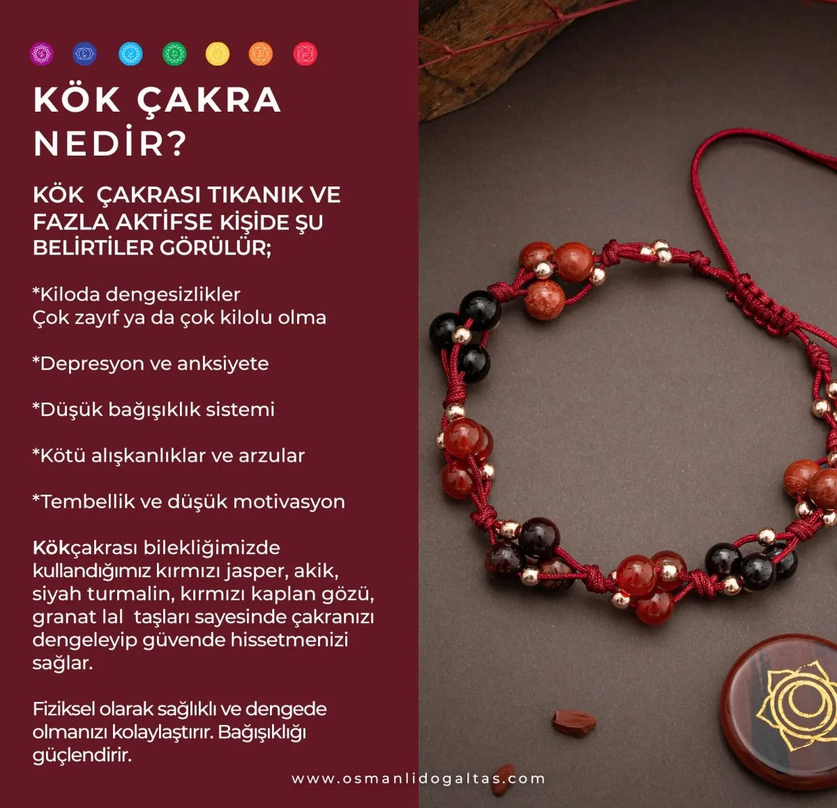 Kök Çakra Doğal Taş Bileklik - Kırmızı Jasper - Lal - Kırmızı Kaplan Gözü - Kırmızı Akik - Siyah Turmalin - Hematit