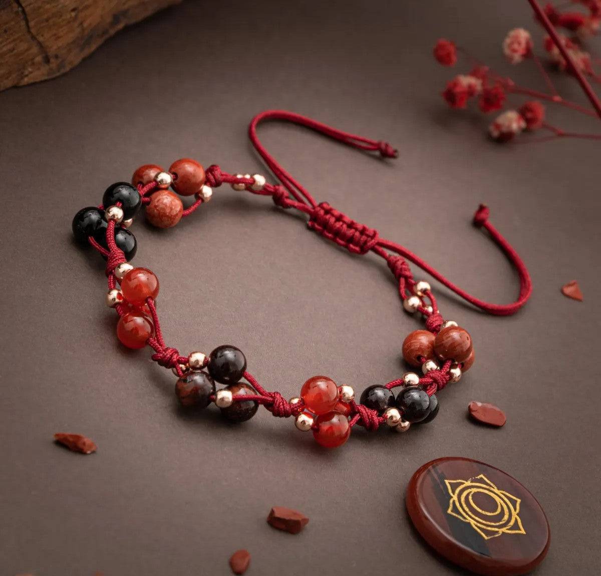 Kök Çakra Doğal Taş Bileklik - Kırmızı Jasper - Lal - Kırmızı Kaplan Gözü - Kırmızı Akik - Siyah Turmalin - Hematit