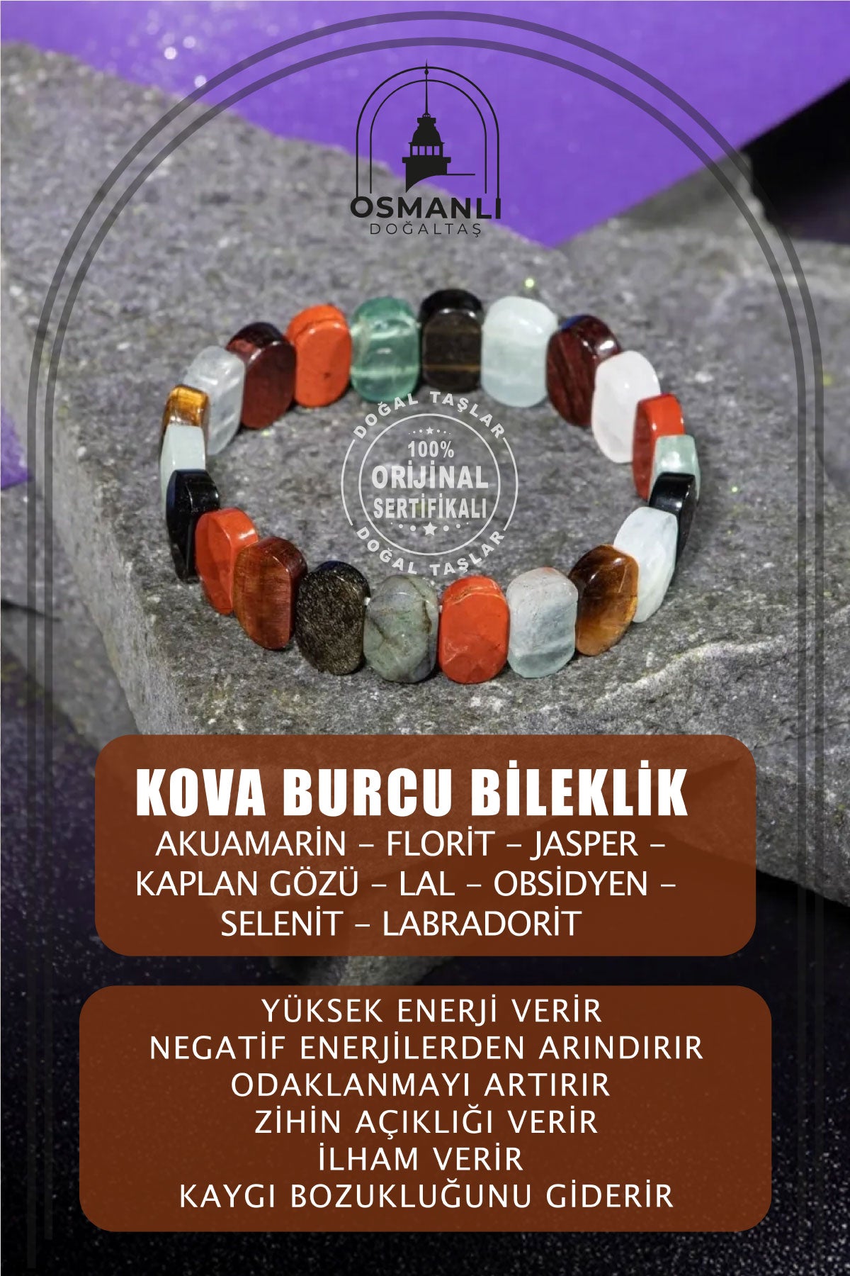 Kova Burcu Bileklik Akuamarin, Bordo Granat Lal, Jasper, Kaplan Gözü, Labradorit, Obsidyen, Selenit, Yeşil Florit