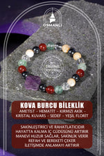 Kova Burcu Bileklik Ametist, Hematit, Kırmızı Akik, Kristal Kuvars, Sedef, Yeşil Florit
