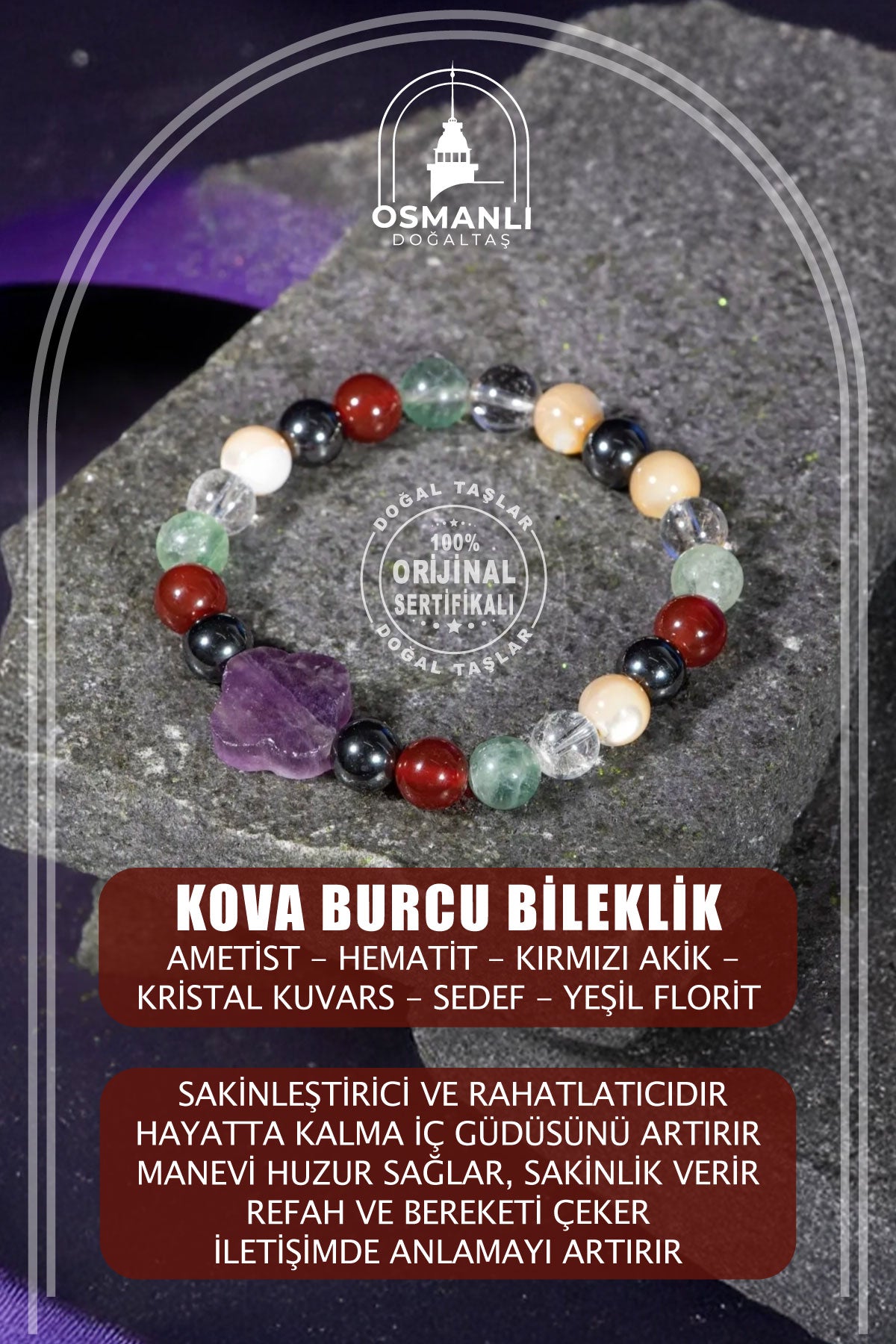 Kova Burcu Bileklik Ametist, Hematit, Kırmızı Akik, Kristal Kuvars, Sedef, Yeşil Florit