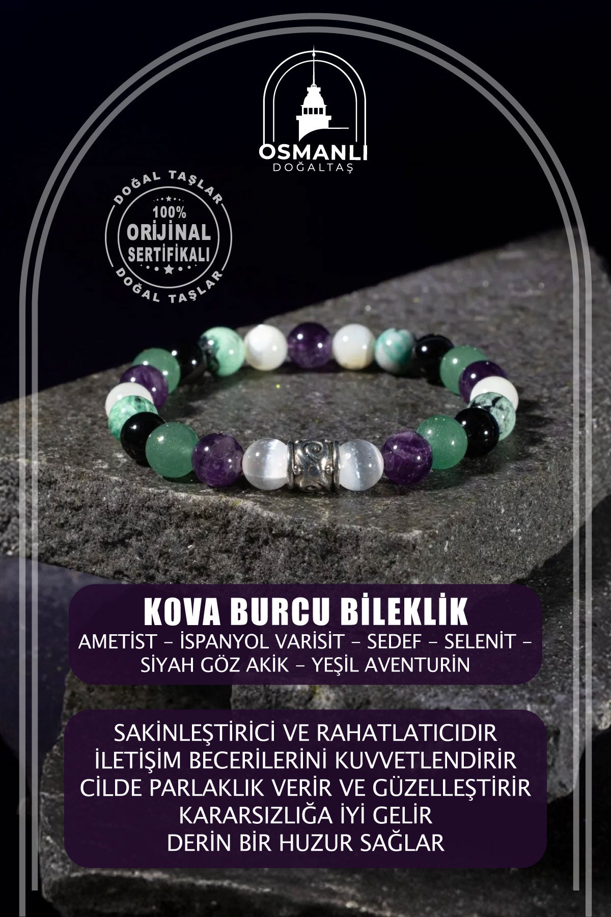 Kova Burcu Bileklik Ametist, İspanyol Varisit, Sedef, Selenit, Siyah Göz Akik, Yeşil Aventurin