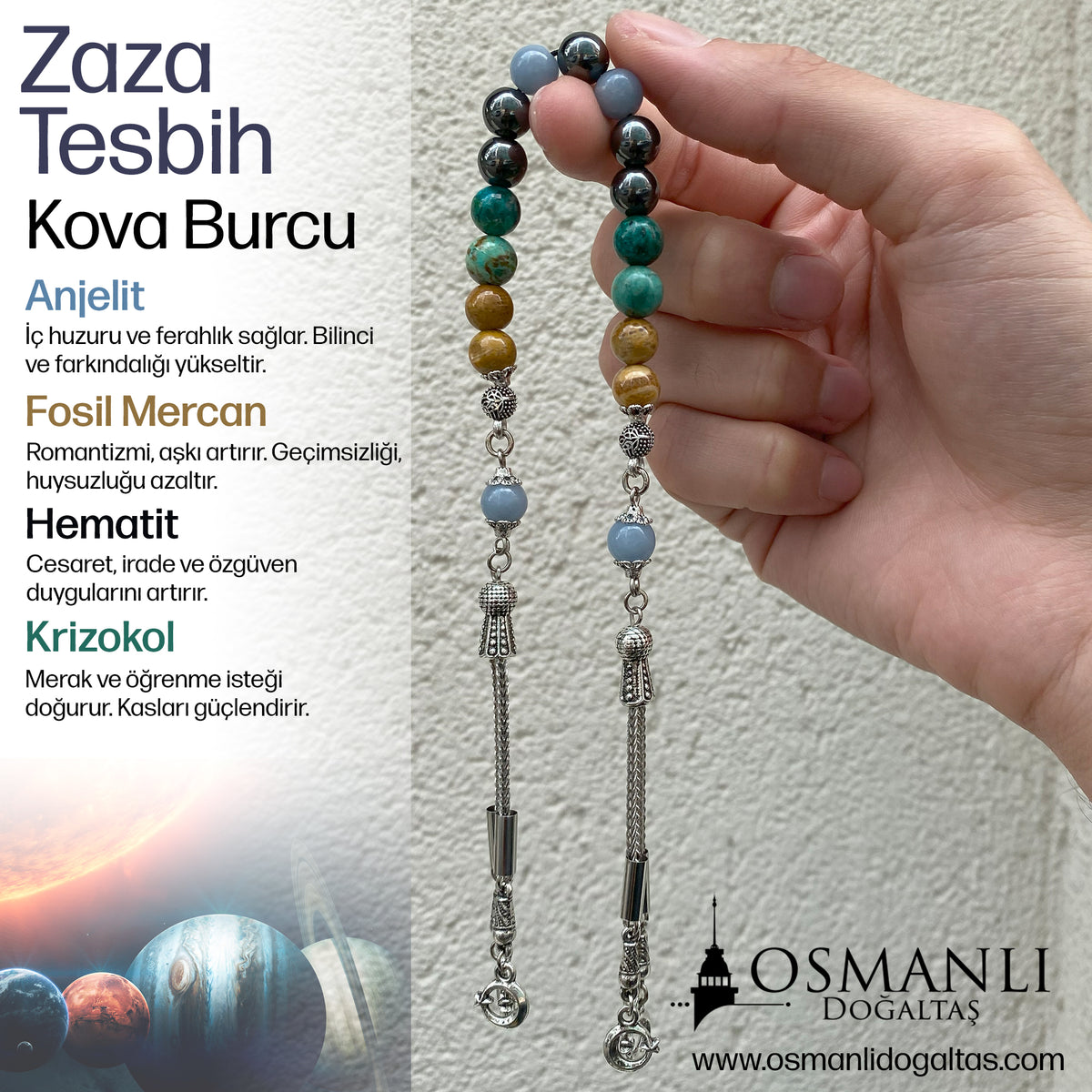 Kova Burcu Zaza Tesbih Doğal Taş Anjelit, Fosil Mercan, Hematit, Krizokol