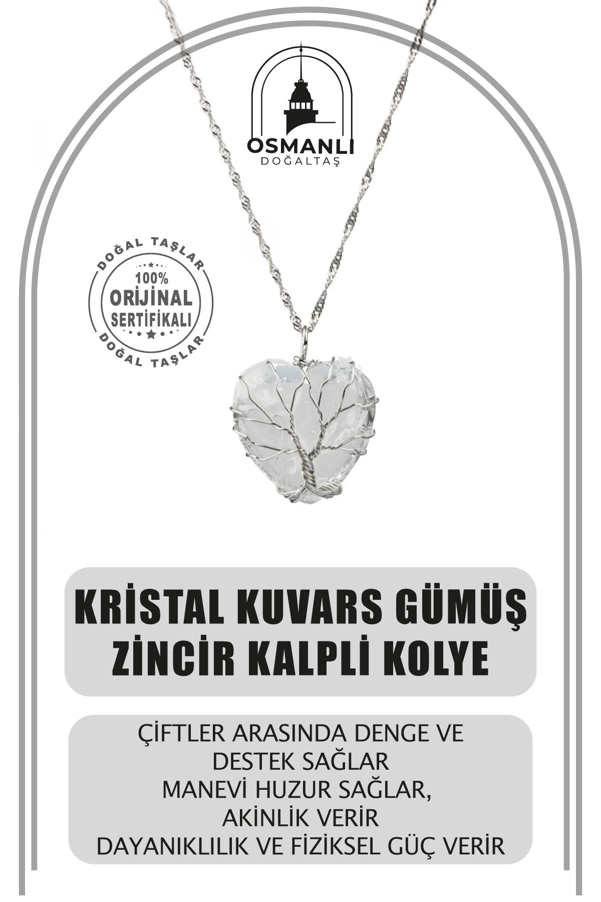 Kristal Kuvars Doğal Taş Gümüş Zincir Kalpli Kolye