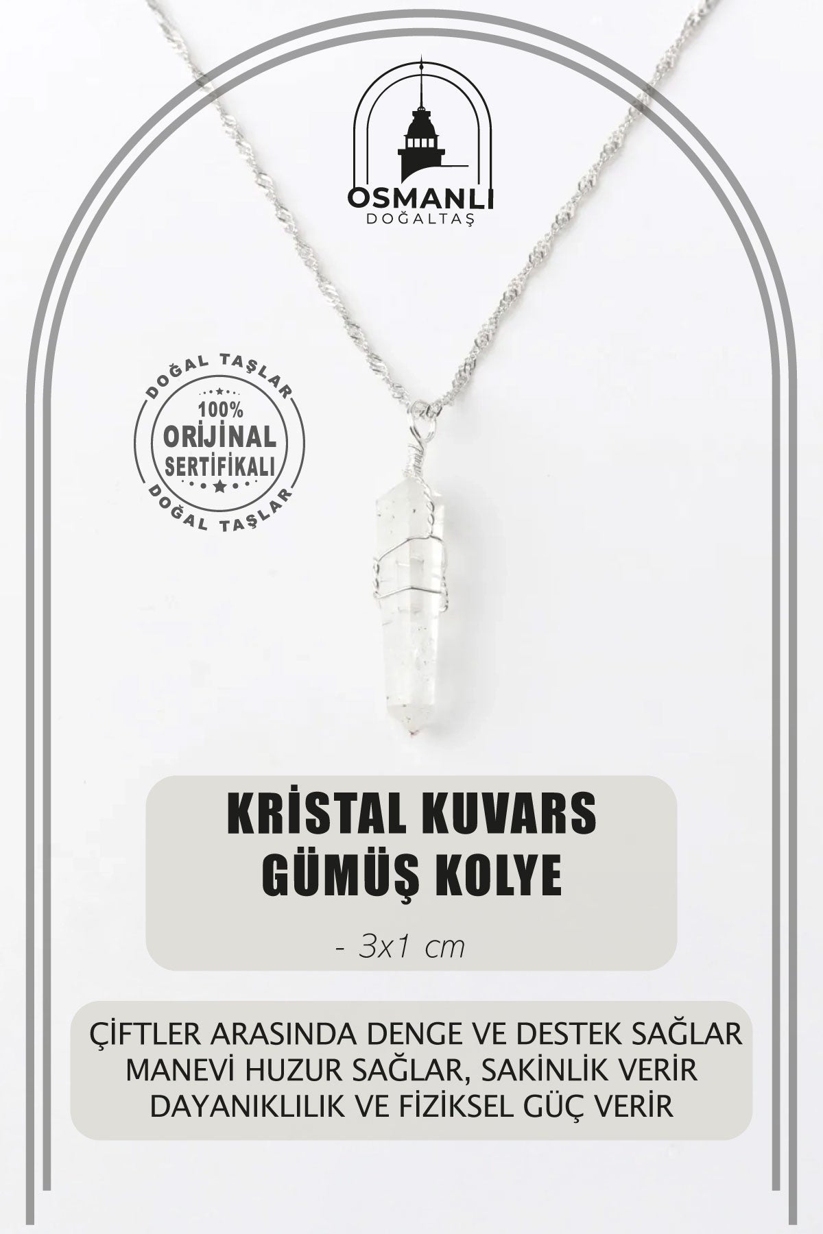 Kristal Kuvars Doğal Taş Kolye Ucu 3x1 cm, Gümüş Zincir