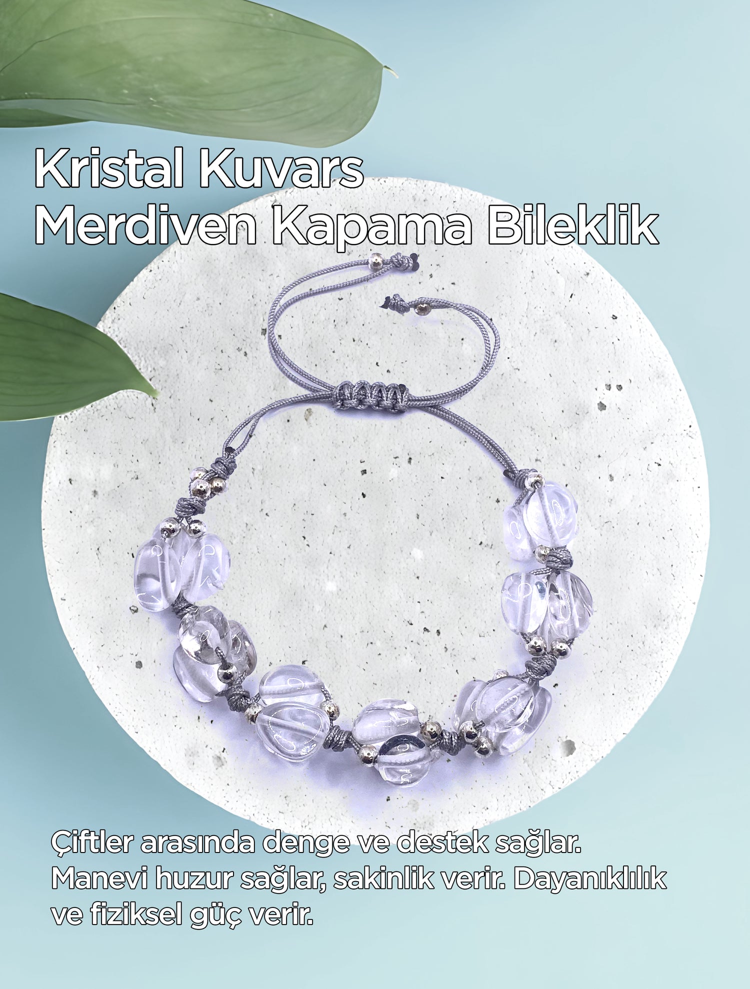 Kristal Kuvars Doğal Taş Merdiven Kapama Naturel Kesim İpli Her Bileğe Ayarlanabilir Bileklik 