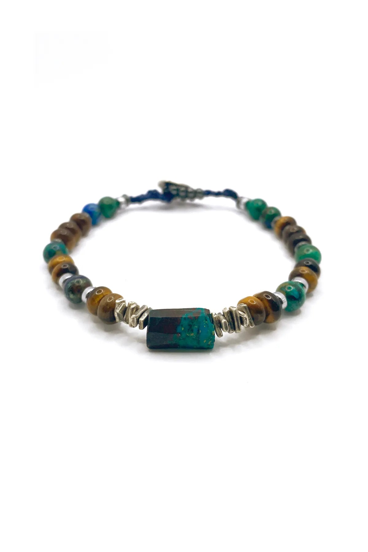 Krizokol-Kaplan Gözü-Azurit Malakit-Hematit Doğal Taş Gümüş Erkek Bileklik