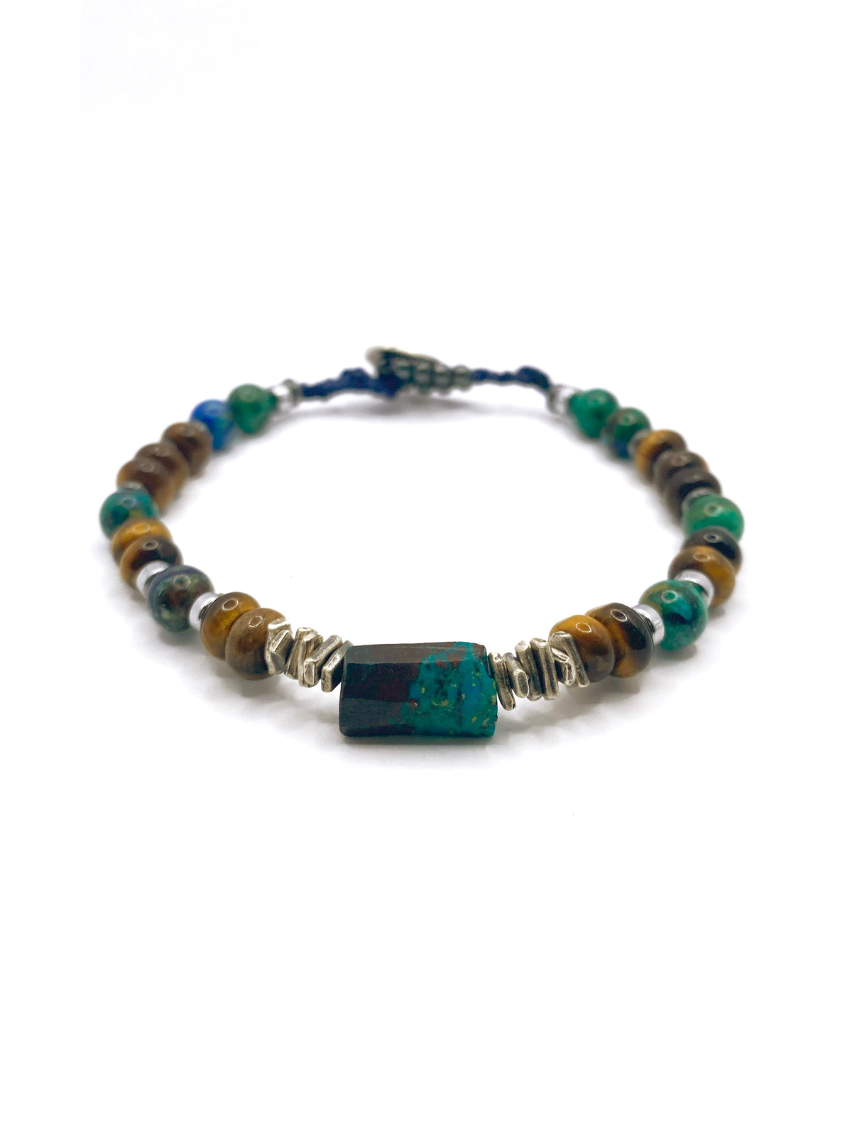 Krizokol-Kaplan Gözü-Azurit Malakit-Hematit Doğal Taş Gümüş Erkek Bileklik