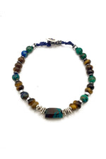 Krizokol-Kaplan Gözü-Azurit Malakit-Hematit Doğal Taş Gümüş Erkek Bileklik