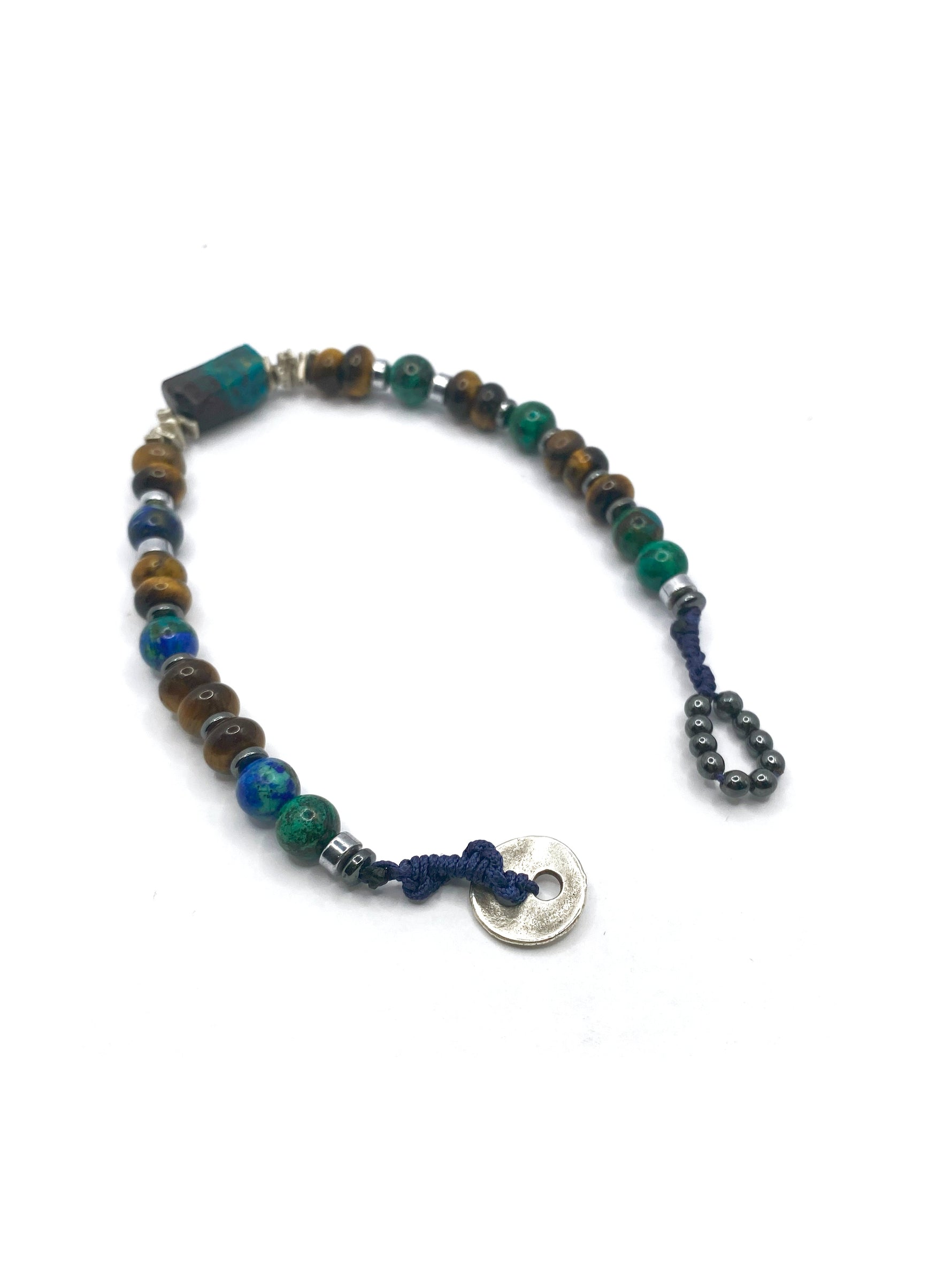 Krizokol-Kaplan Gözü-Azurit Malakit-Hematit Doğal Taş Gümüş Erkek Bileklik