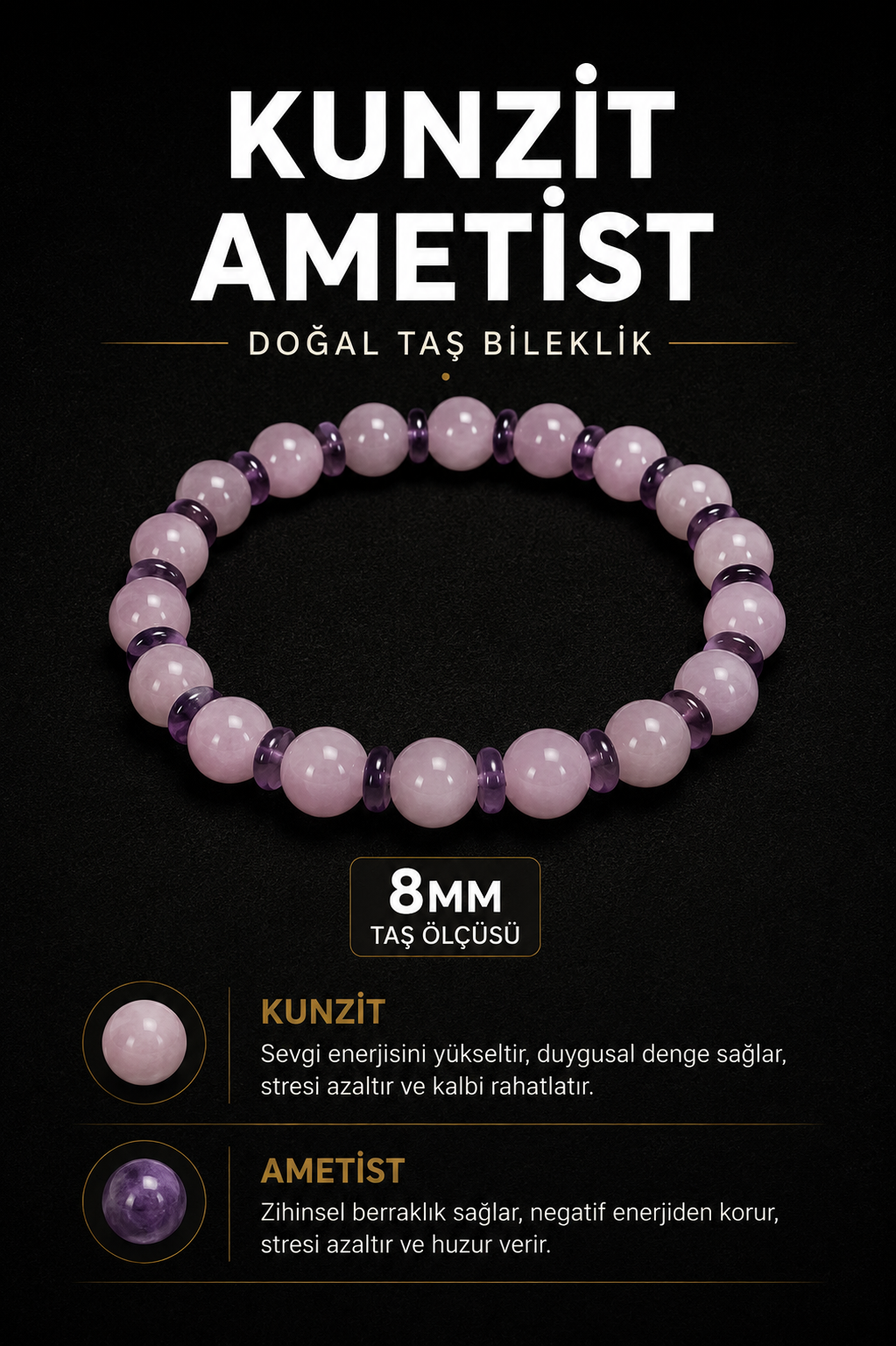 Kunzit Ametist Doğal Taş Bileklik 8 mm | Osmanlı Doğal Taş