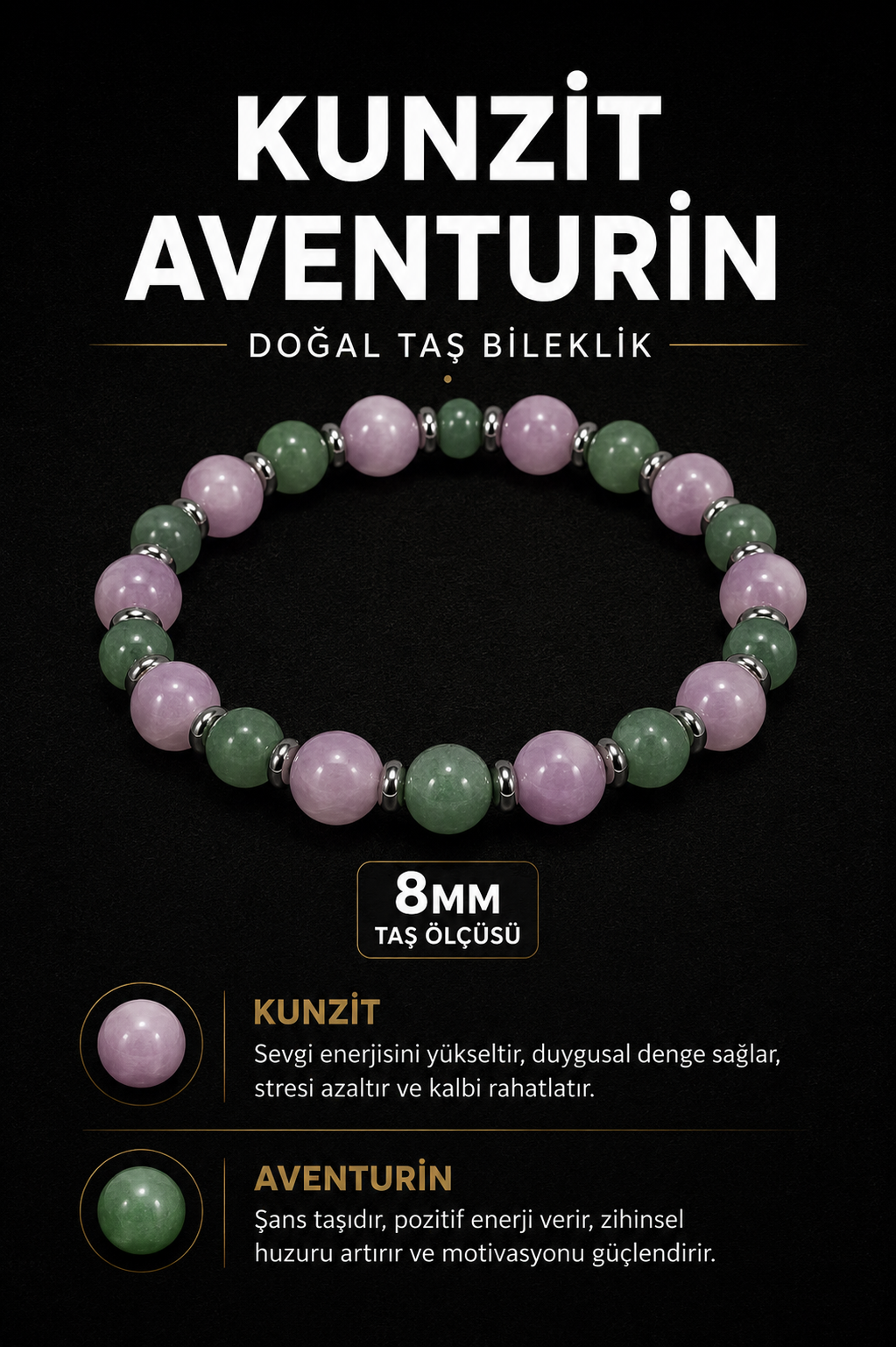 Kunzit Aventurin Doğal Taş Bileklik 8 mm | Osmanlı Doğal Taş