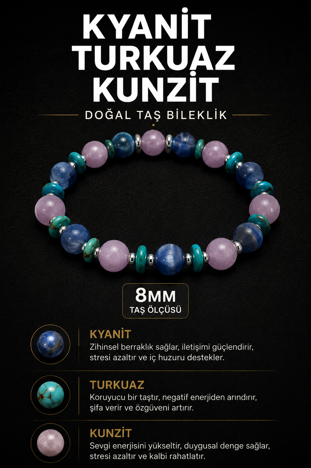 Kyanit Turkuaz Kunzit Doğal Taş Bileklik 8 mm | Osmanlı Doğal Taş