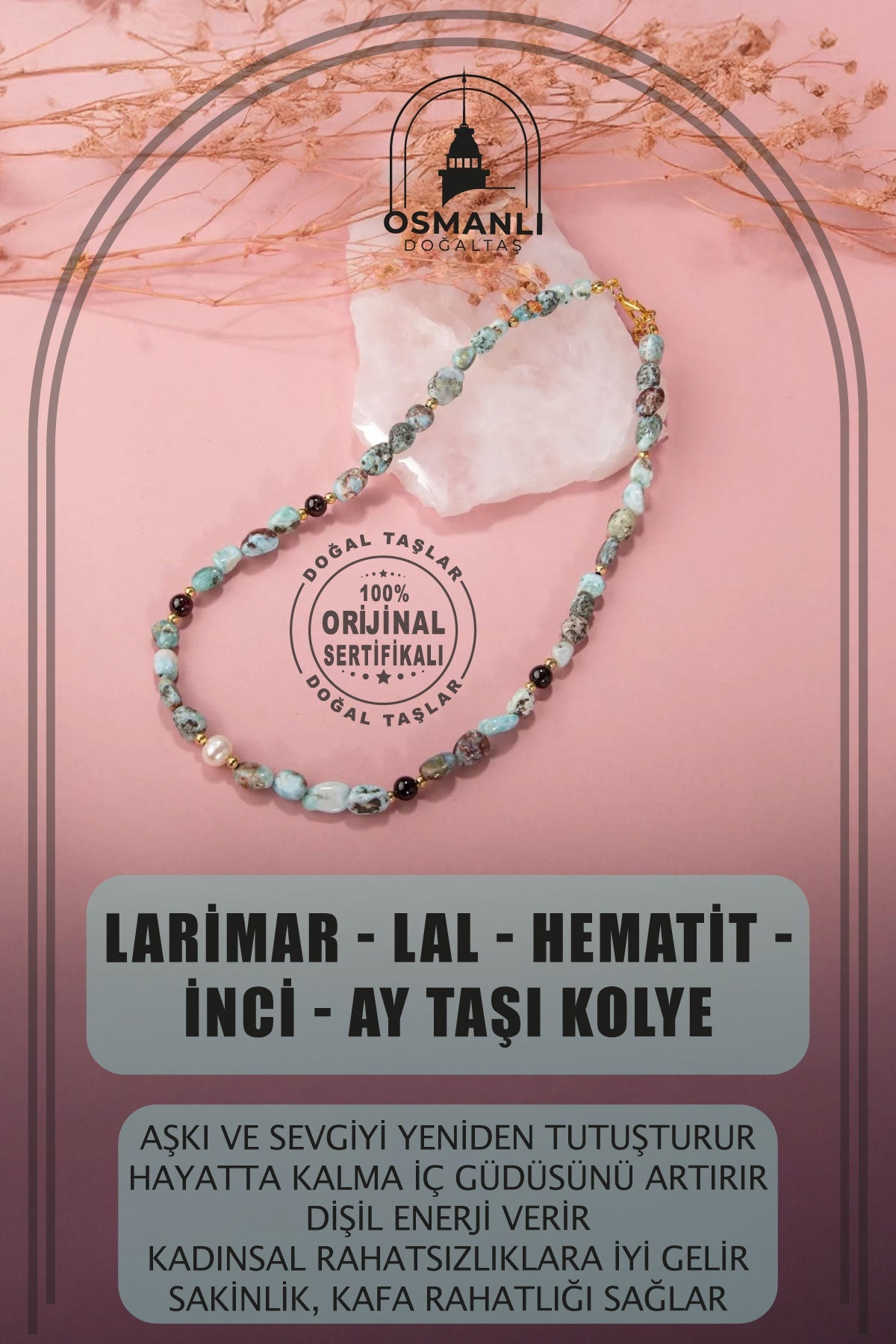 Larimar-Lal-Hematit-İnci-Ay Taşı Altın Kaplama Doğal Taş Kolye