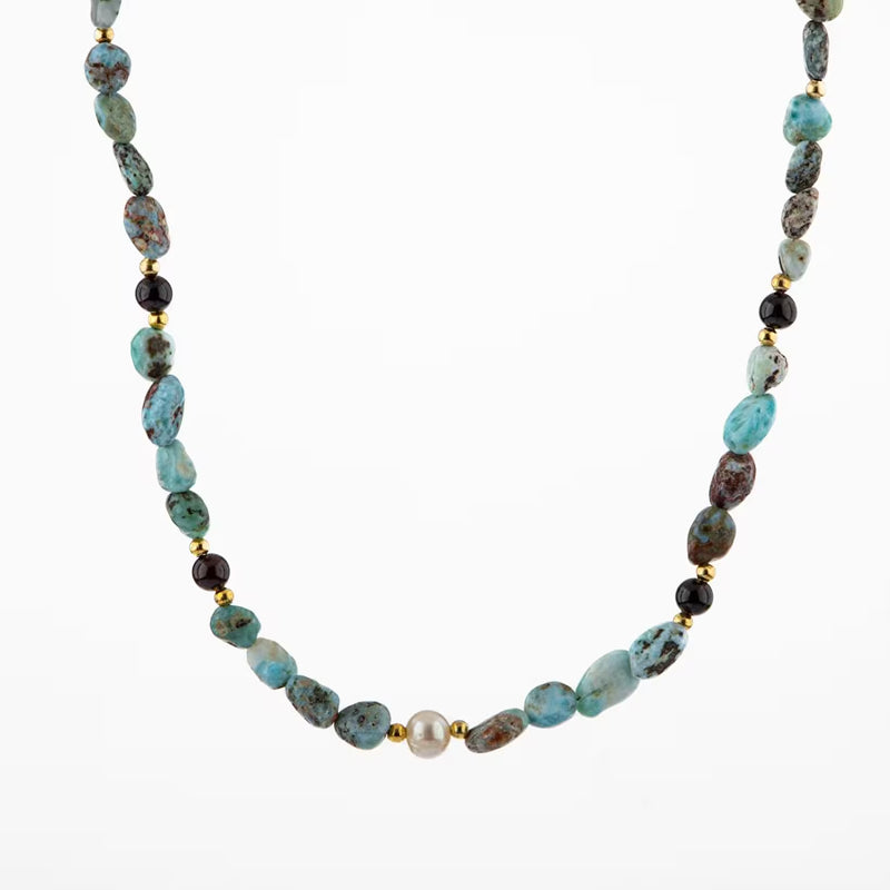Larimar-Lal-Hematit-İnci-Ay Taşı Altın Kaplama Doğal Taş Kolye