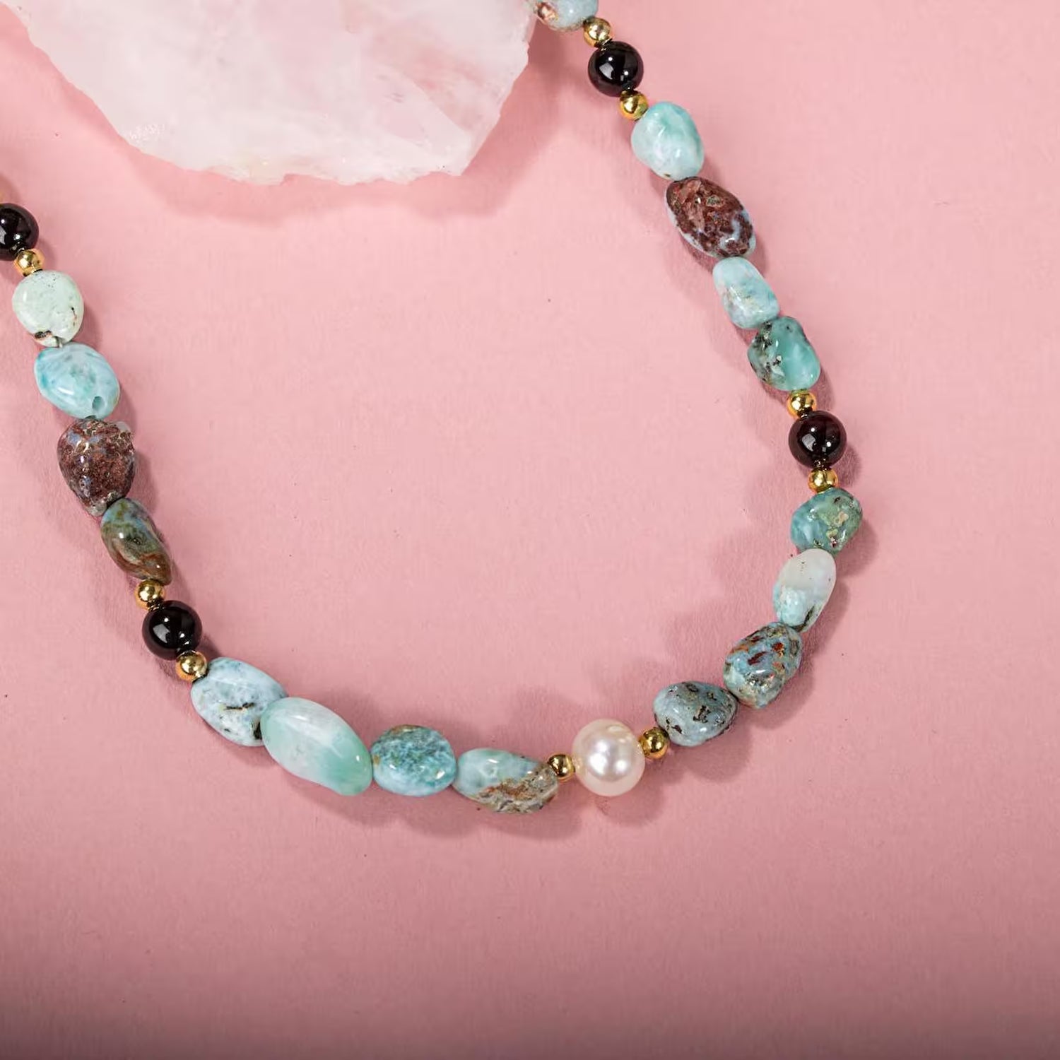 Larimar-Lal-Hematit-İnci-Ay Taşı Altın Kaplama Doğal Taş Kolye